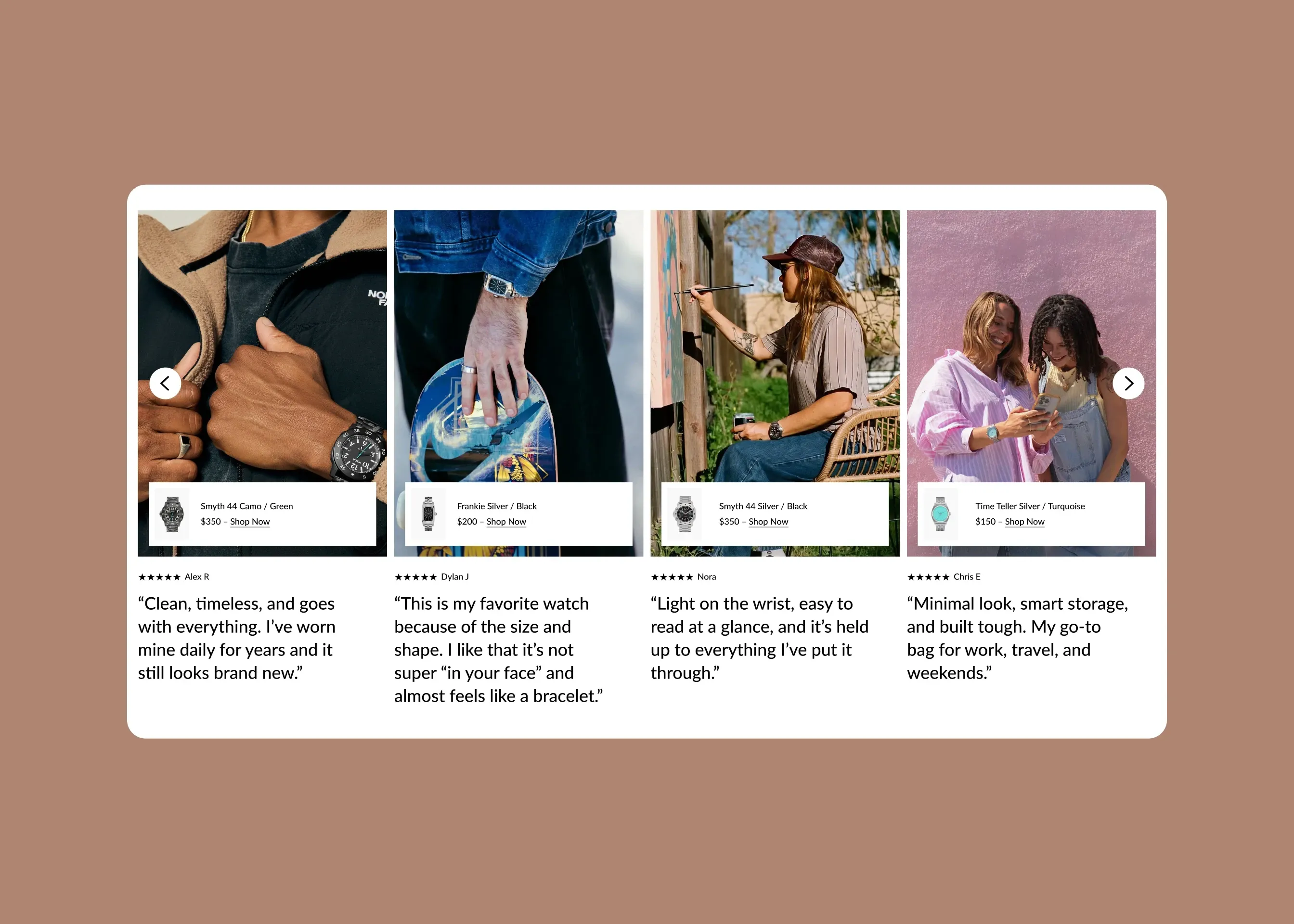 Nixon — desktop customer reviews carousel with shoppable products