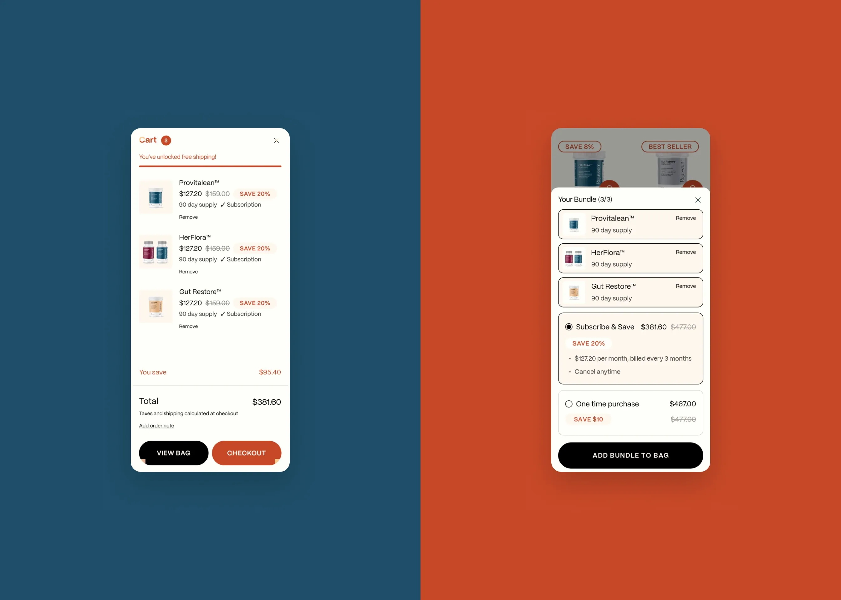 Rejuveen — mobile cart with three-item bundle and bundle savings; mobile "Your Bundle (3/3)" sheet with Add Bundle to Bag