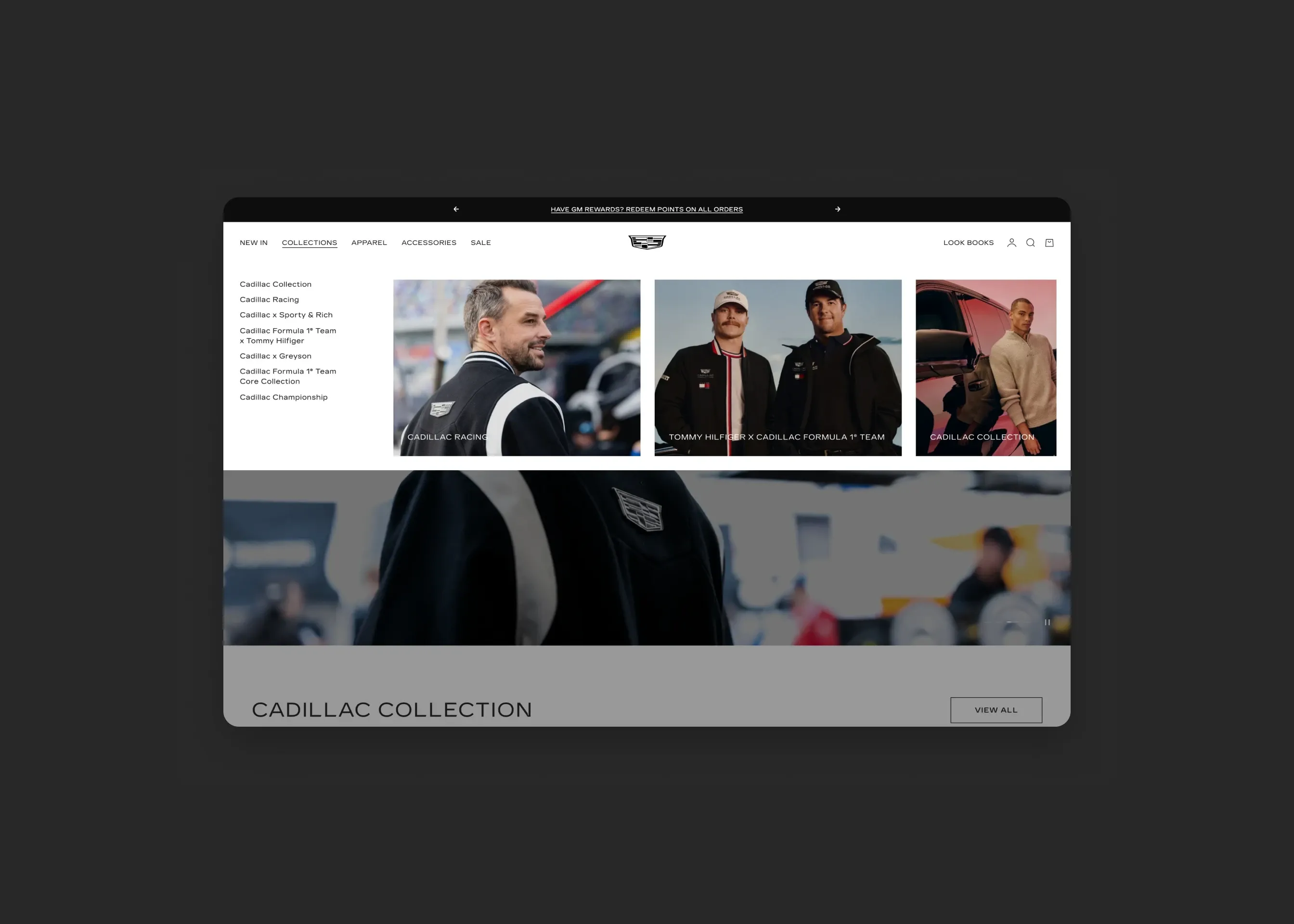 Cadillac Merchandise — desktop collections mega menu