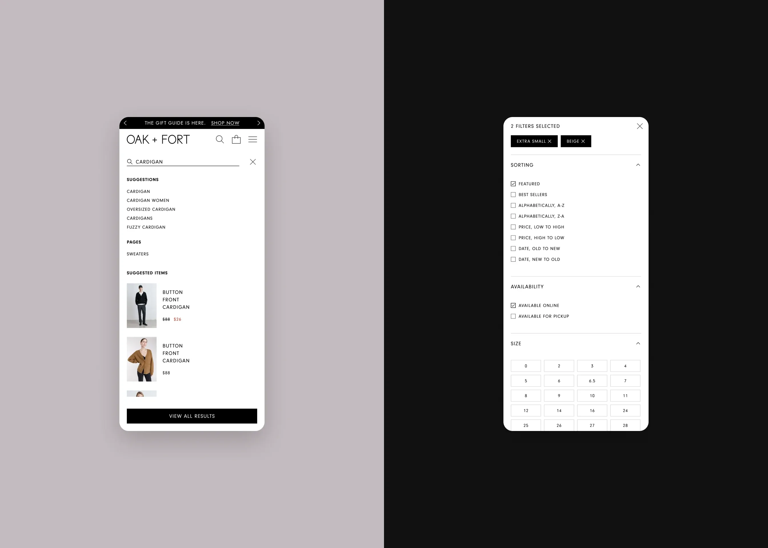 Oak + Fort — mobile search suggestions; mobile filter overlay (active)