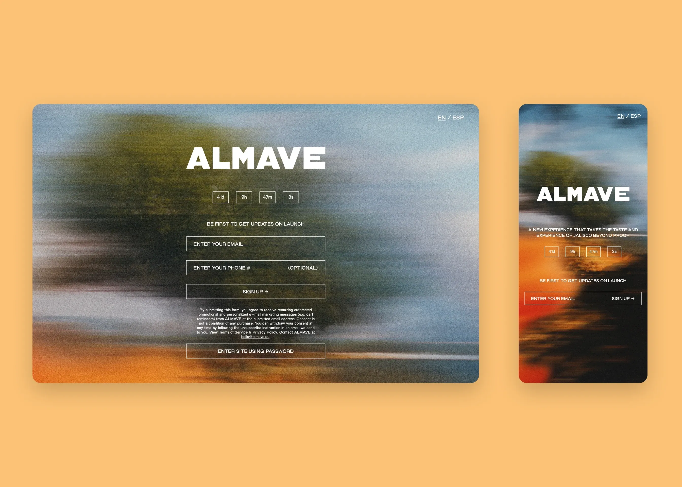 Almave — desktop pre-launch countdown; mobile pre-launch countdown