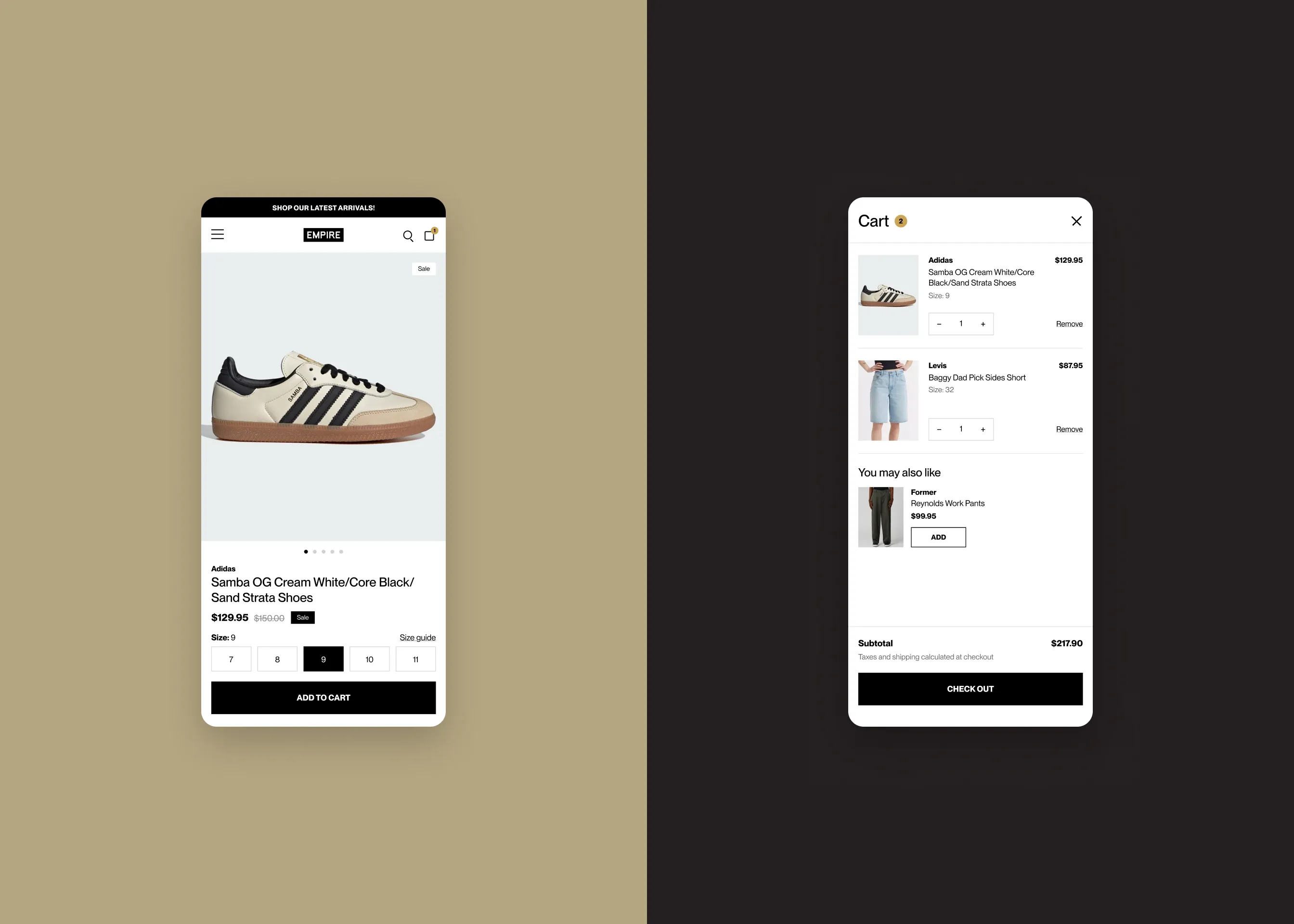 Empire — mobile product page; mobile cart drawer