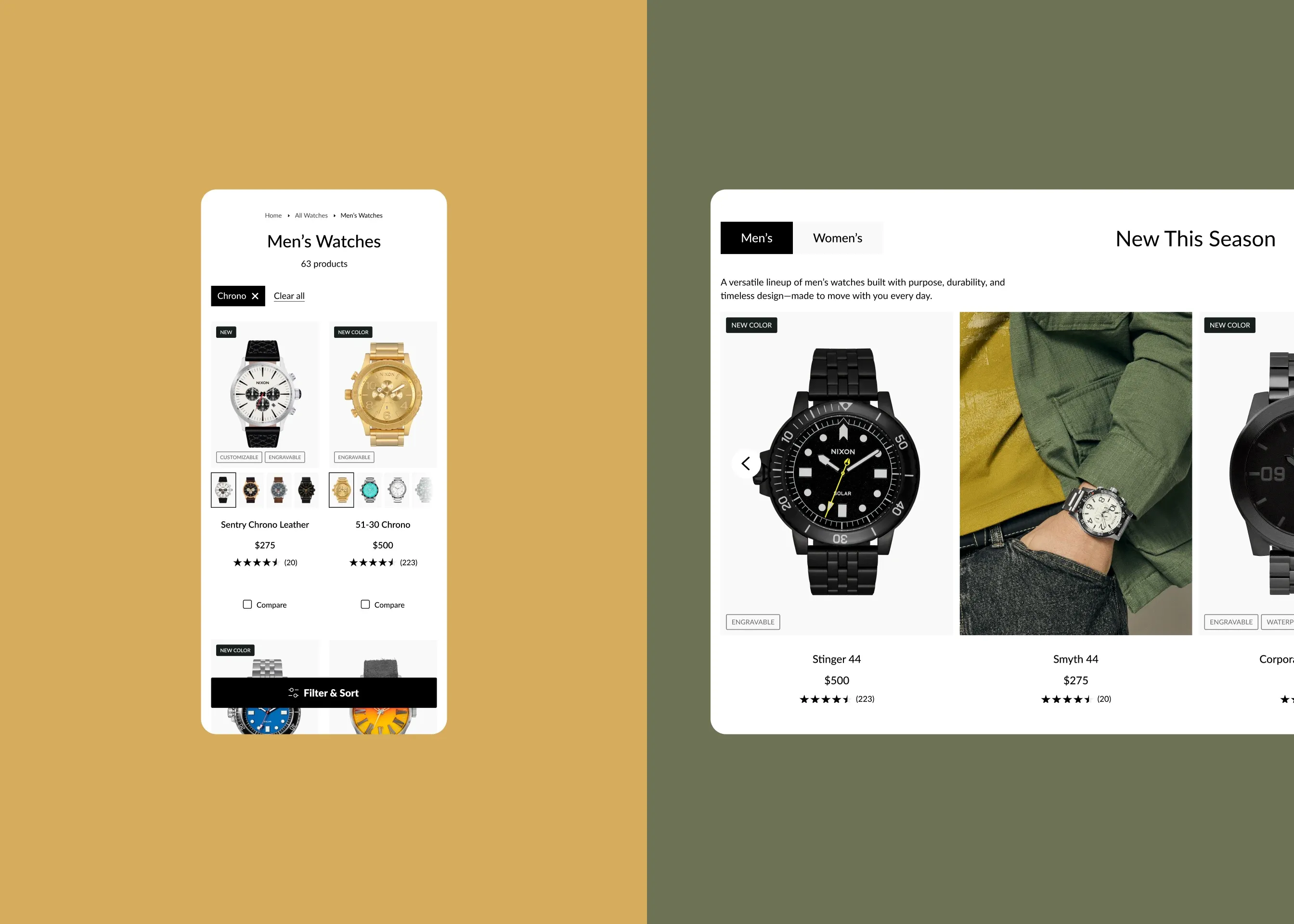 Nixon — mobile collection page with filters; desktop New This Season tabbed carousel