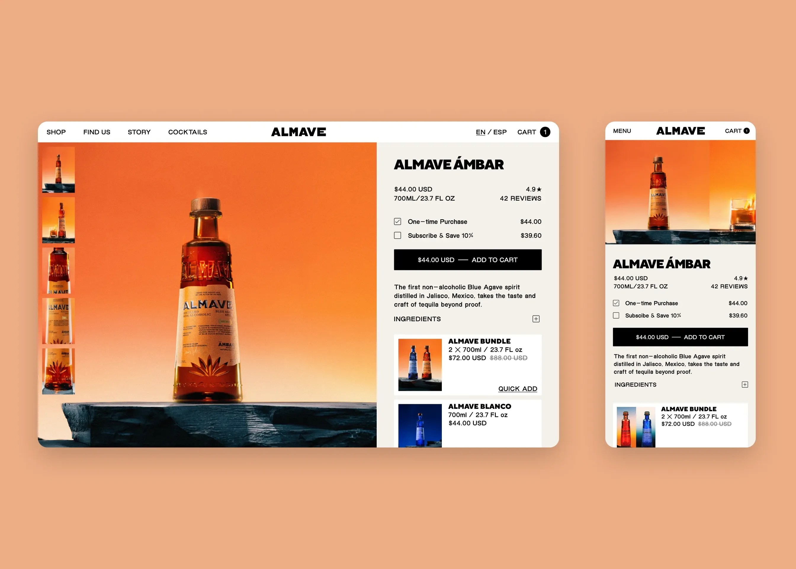 Almave — desktop product page (Ámbar); mobile product page (Ámbar)