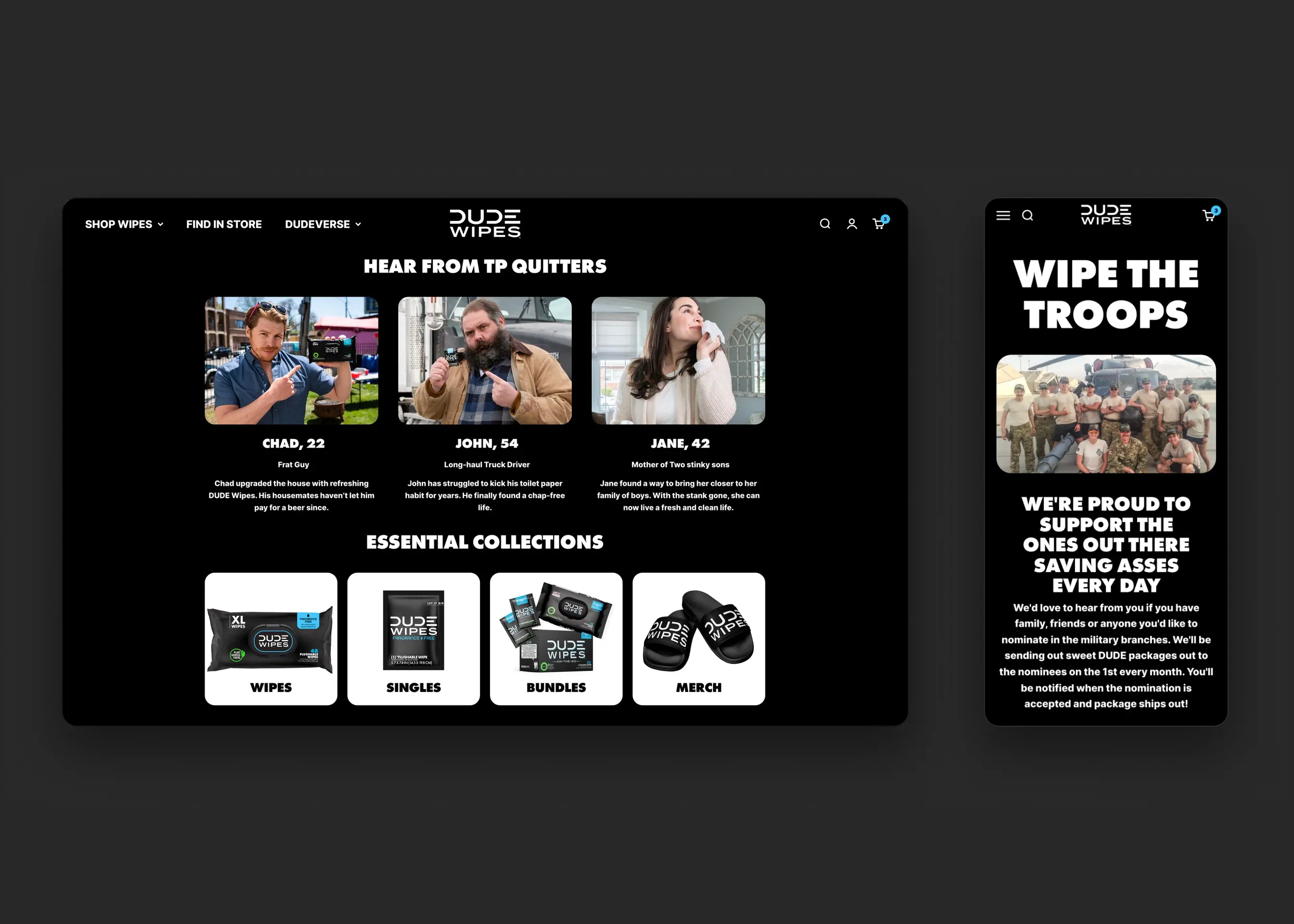 DUDE Wipes — desktop site header with TP quitters testimonials and Essential Collections; mobile Wipe the Troops