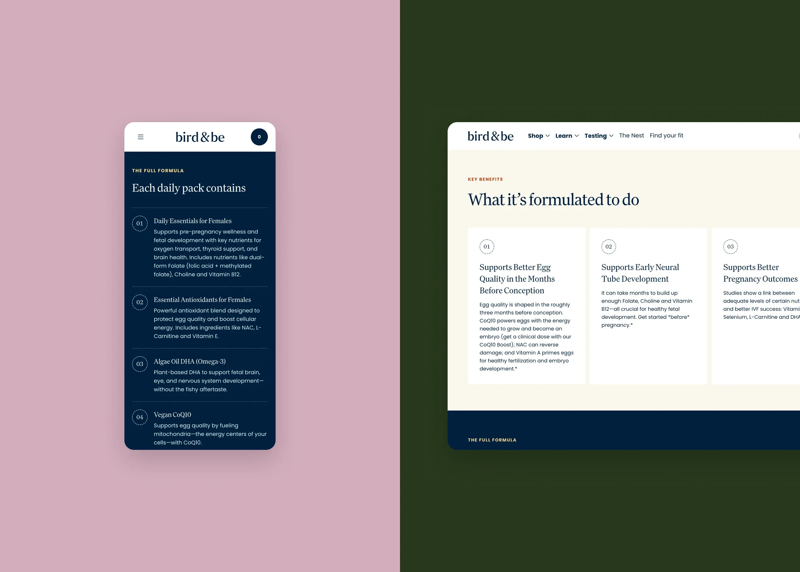 Bird&Be — mobile each daily pack contains; desktop what it’s formulated to do