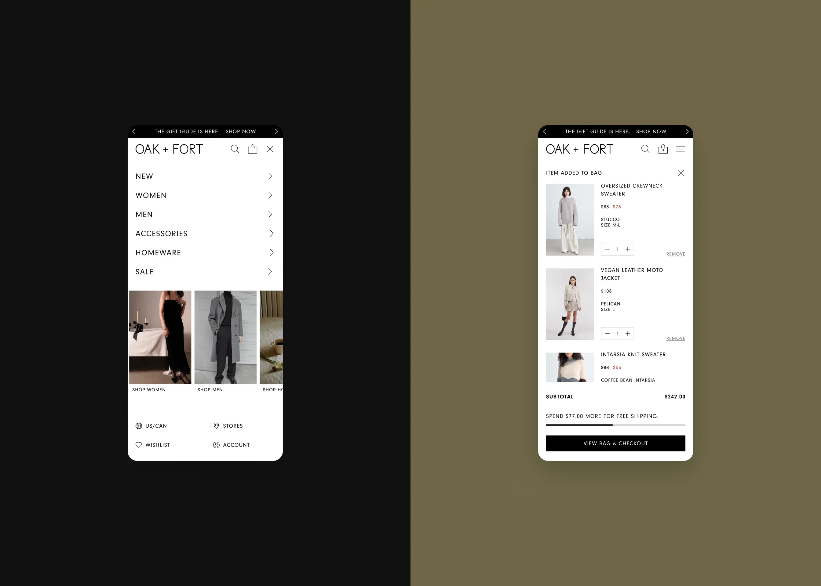 Oak + Fort — mobile navigation; mobile item added to bag