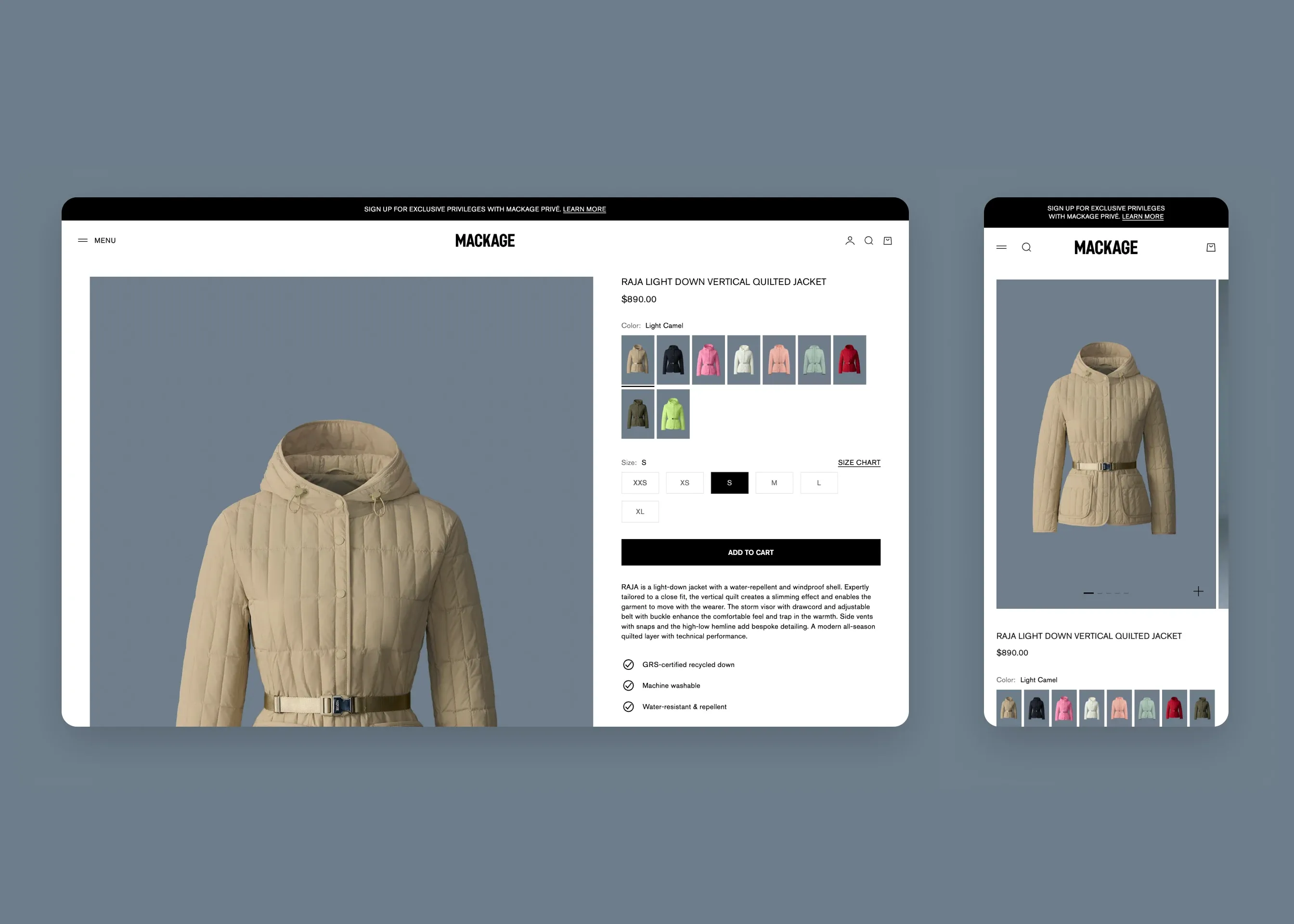 Mackage — desktop product page; mobile product page