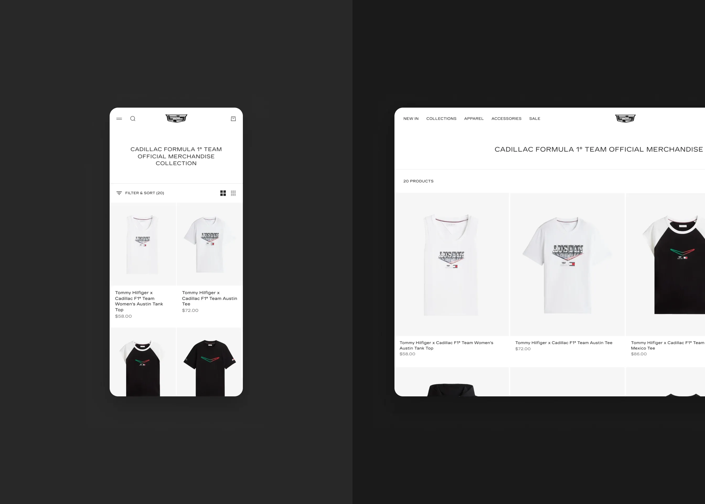 Cadillac Merchandise — mobile F1 Team collection; desktop F1 Team collection