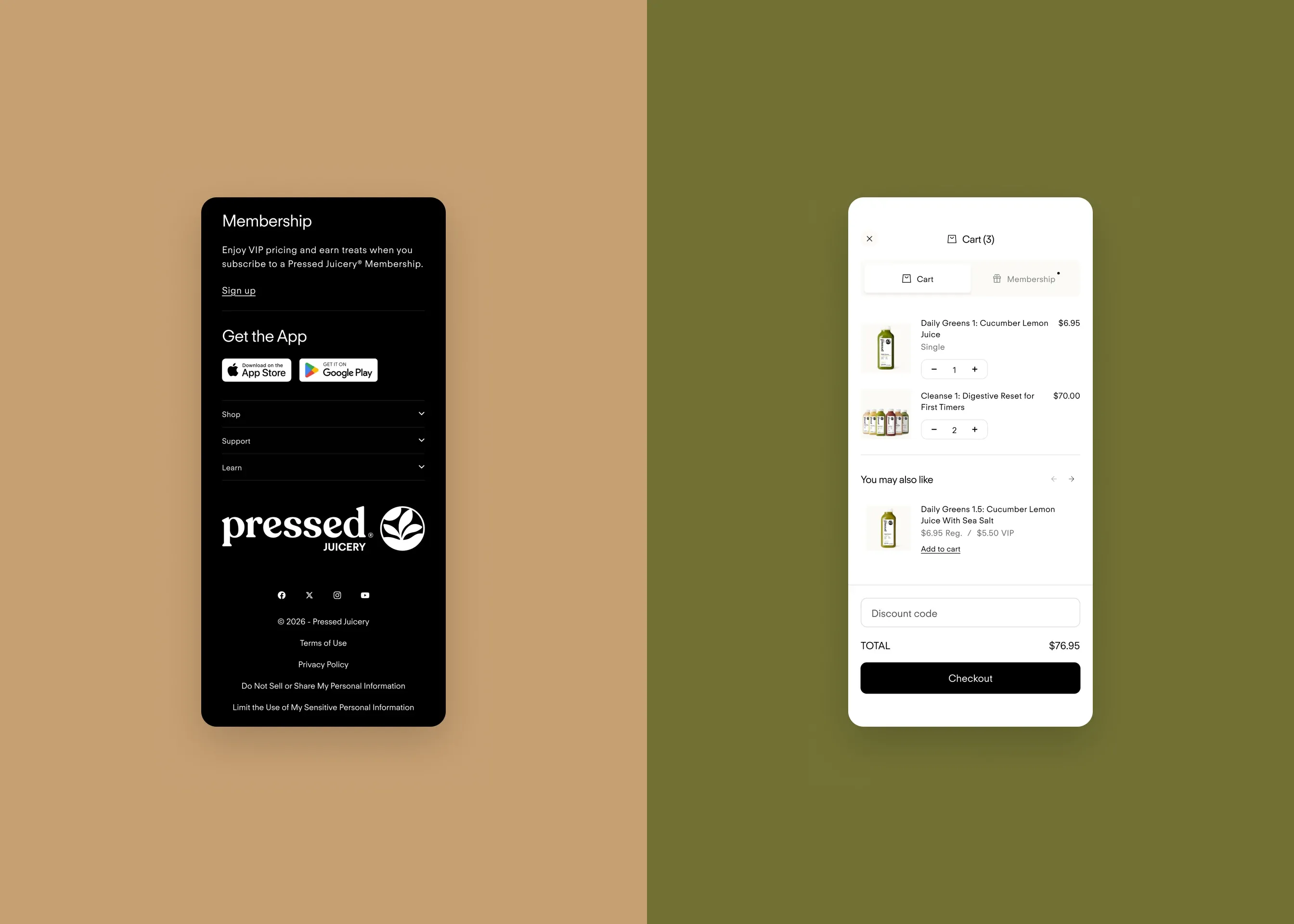 Pressed Juicery — mobile footer (membership + app); mobile cart drawer