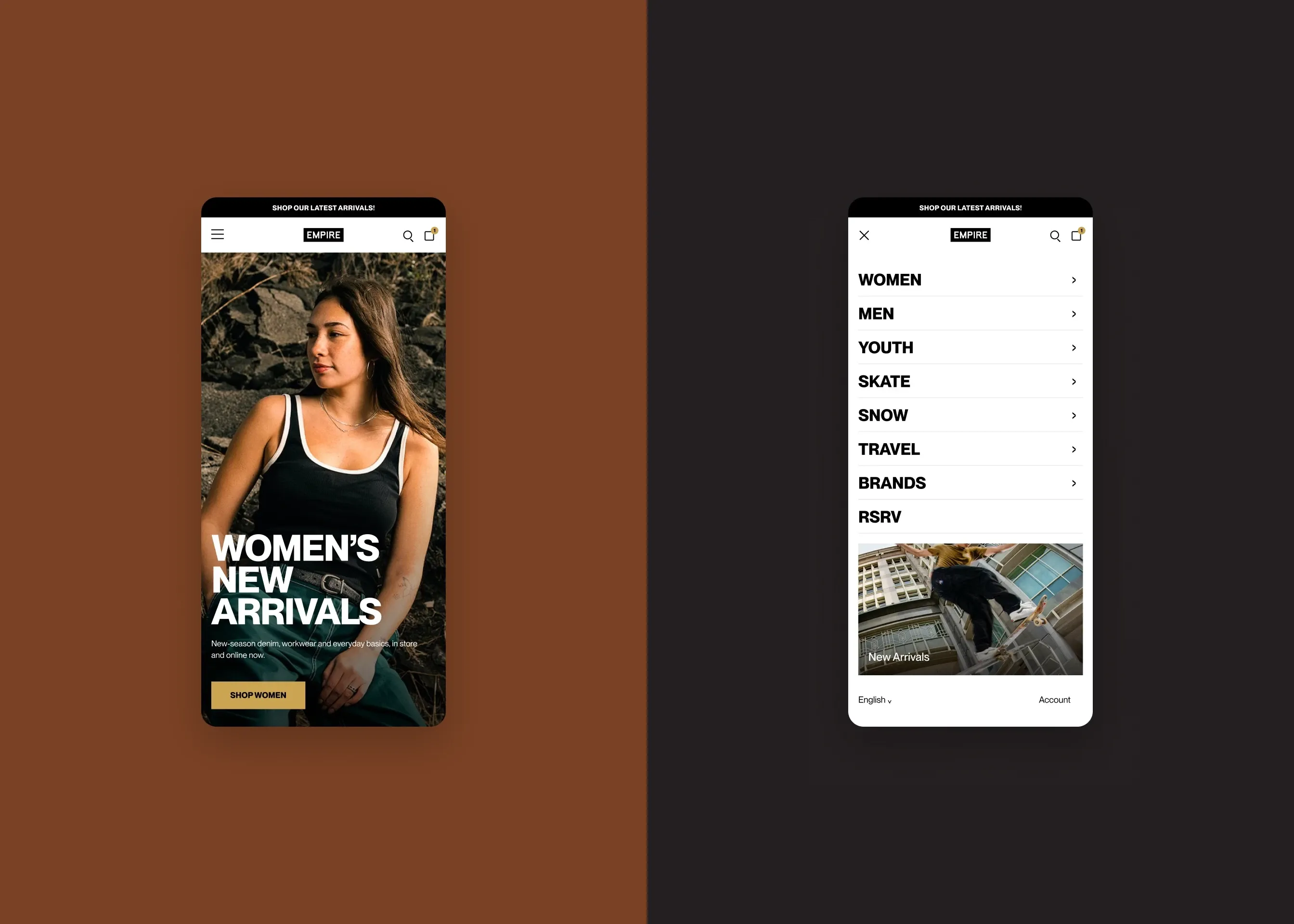 Empire — mobile homepage hero; mobile menu