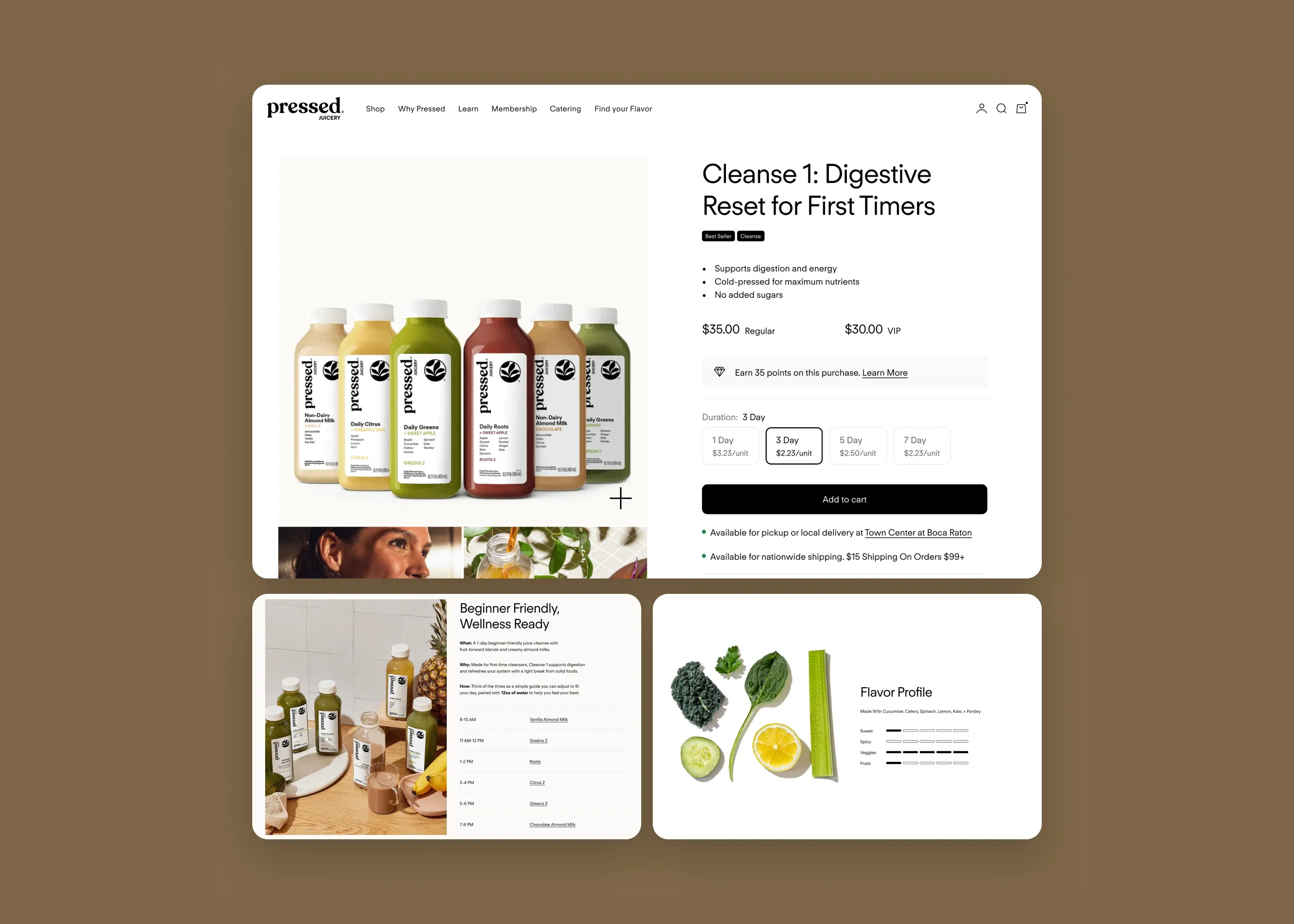 Pressed Juicery — desktop Cleanse 1 PDP; desktop cleanse schedule; desktop flavor profile
