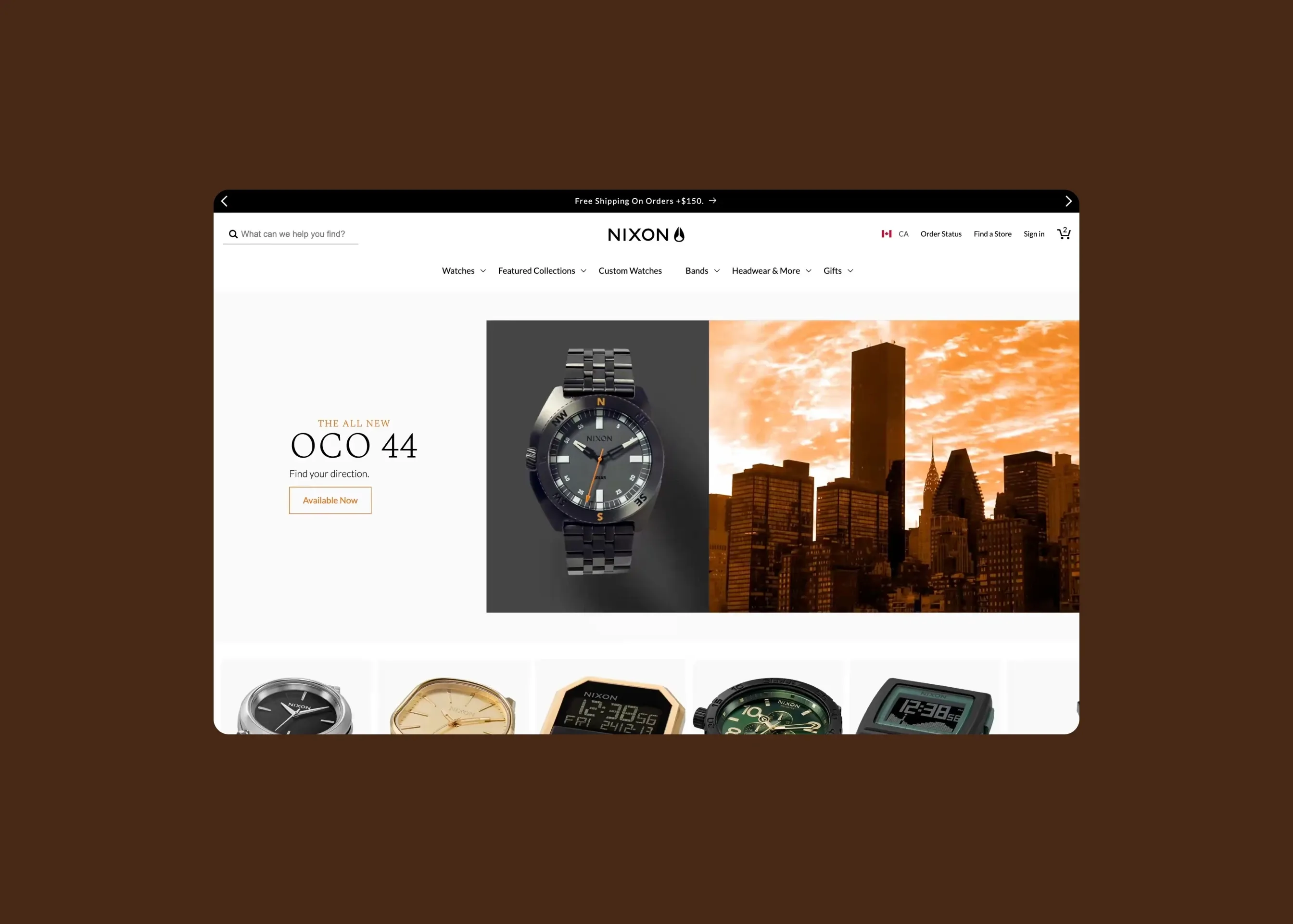 Nixon — desktop homepage with the OCO 44 hero and a product row
