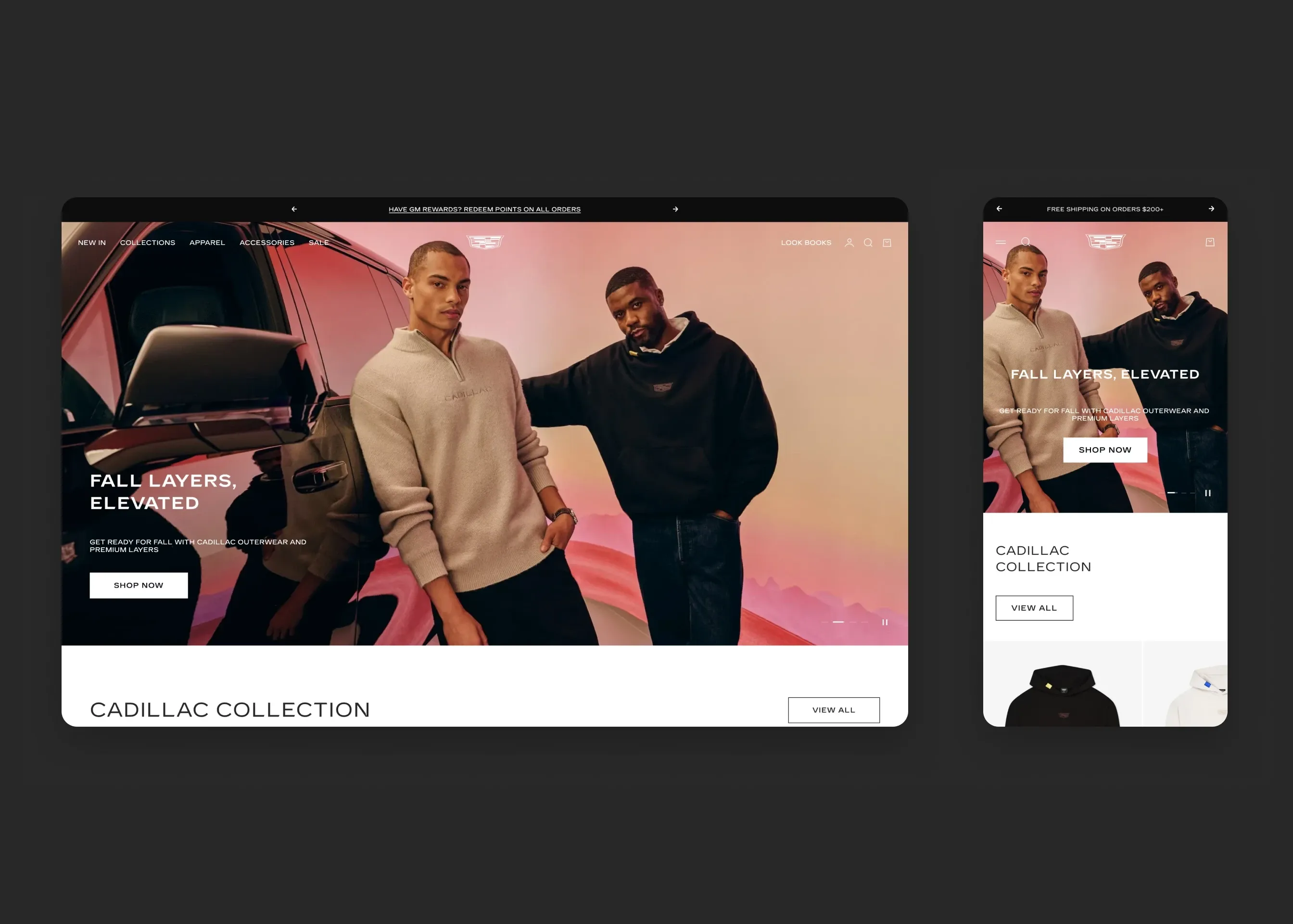 Cadillac Merchandise — desktop homepage; mobile homepage