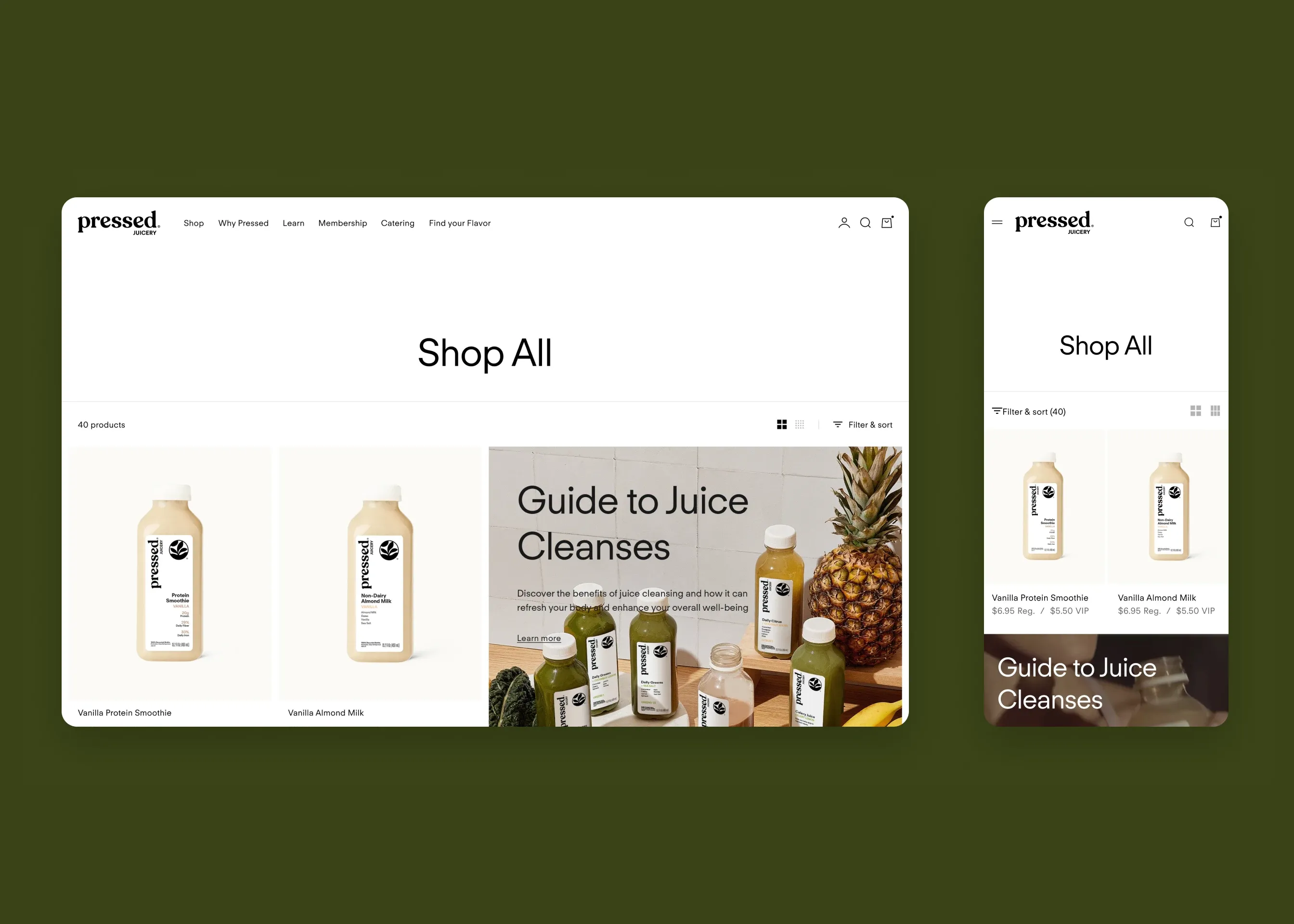 Pressed Juicery — desktop shop all collection (Guide tile, cleanse shoot); mobile shop all collection