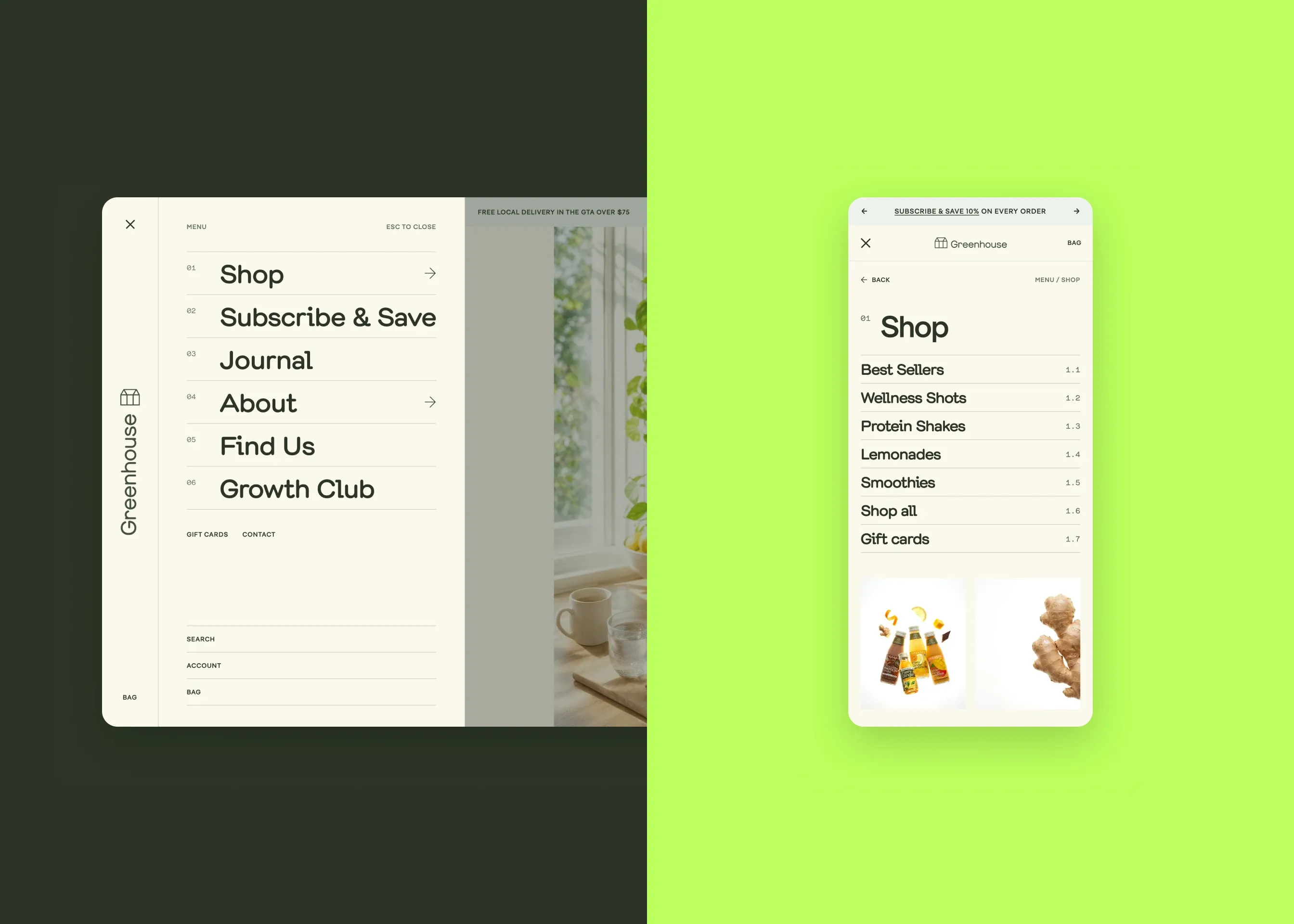 Greenhouse — desktop main menu; mobile shop menu