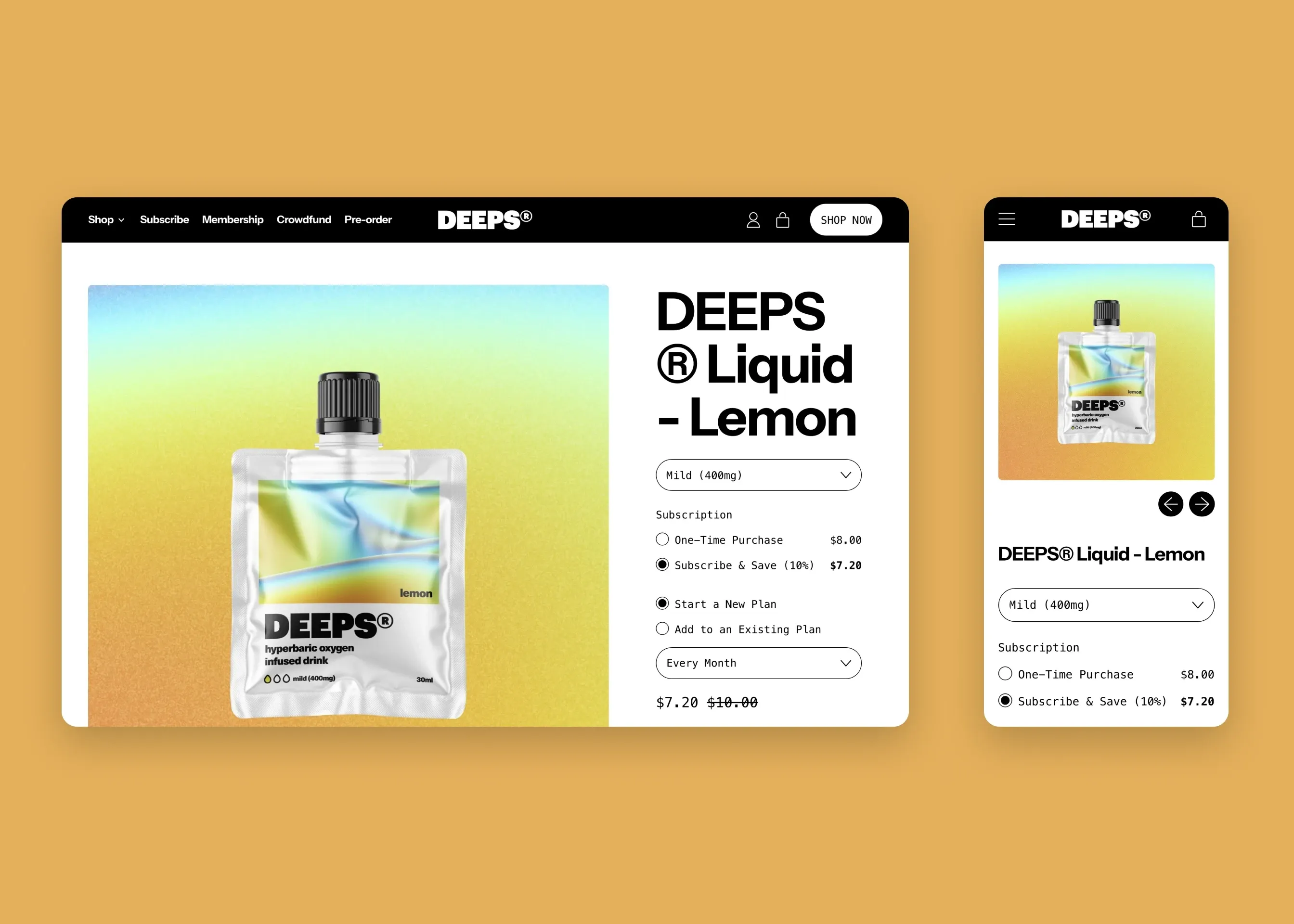 DEEPS — desktop product page (subscribe & save); mobile product page