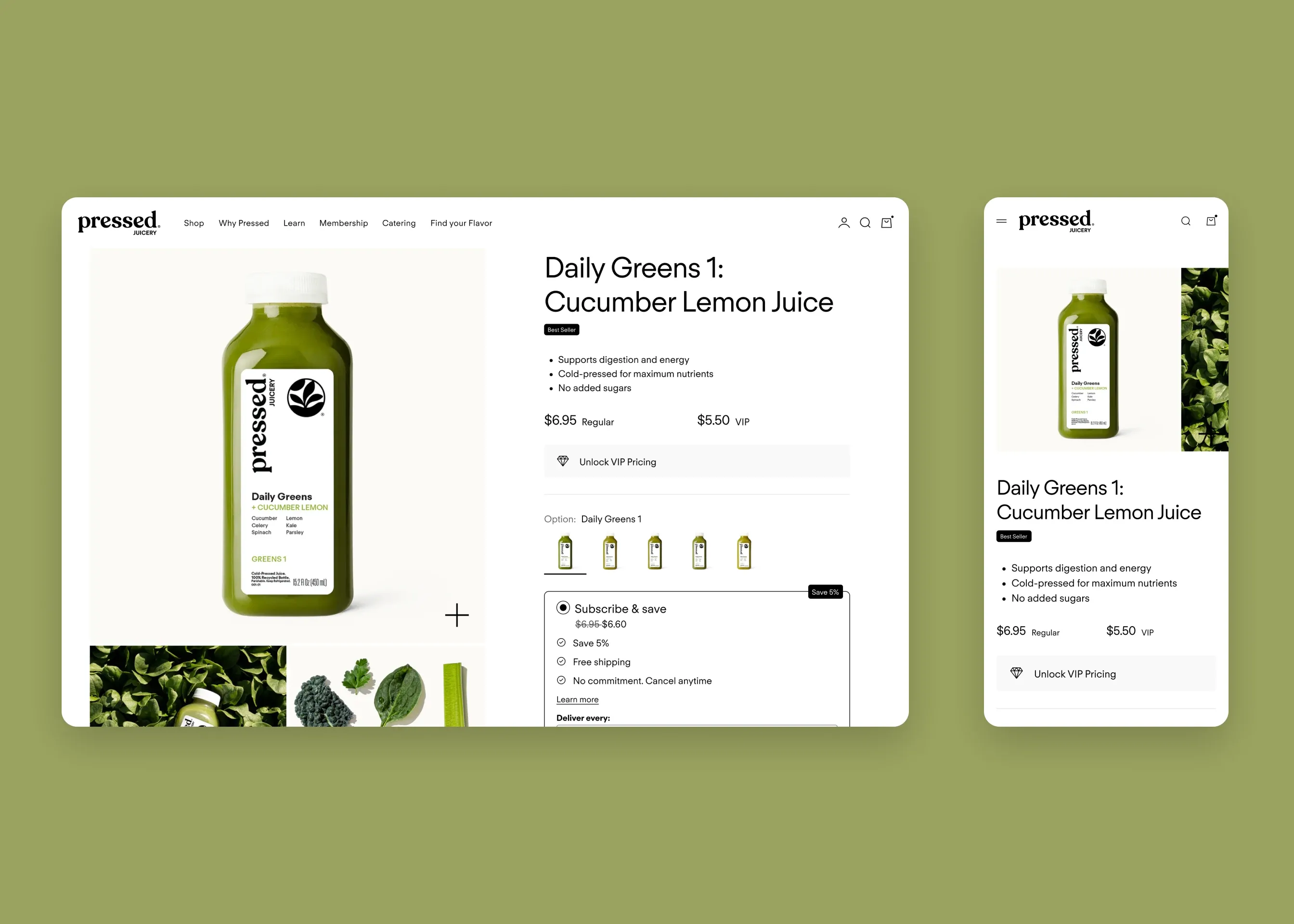 Pressed Juicery — desktop Daily Greens PDP; mobile Daily Greens PDP