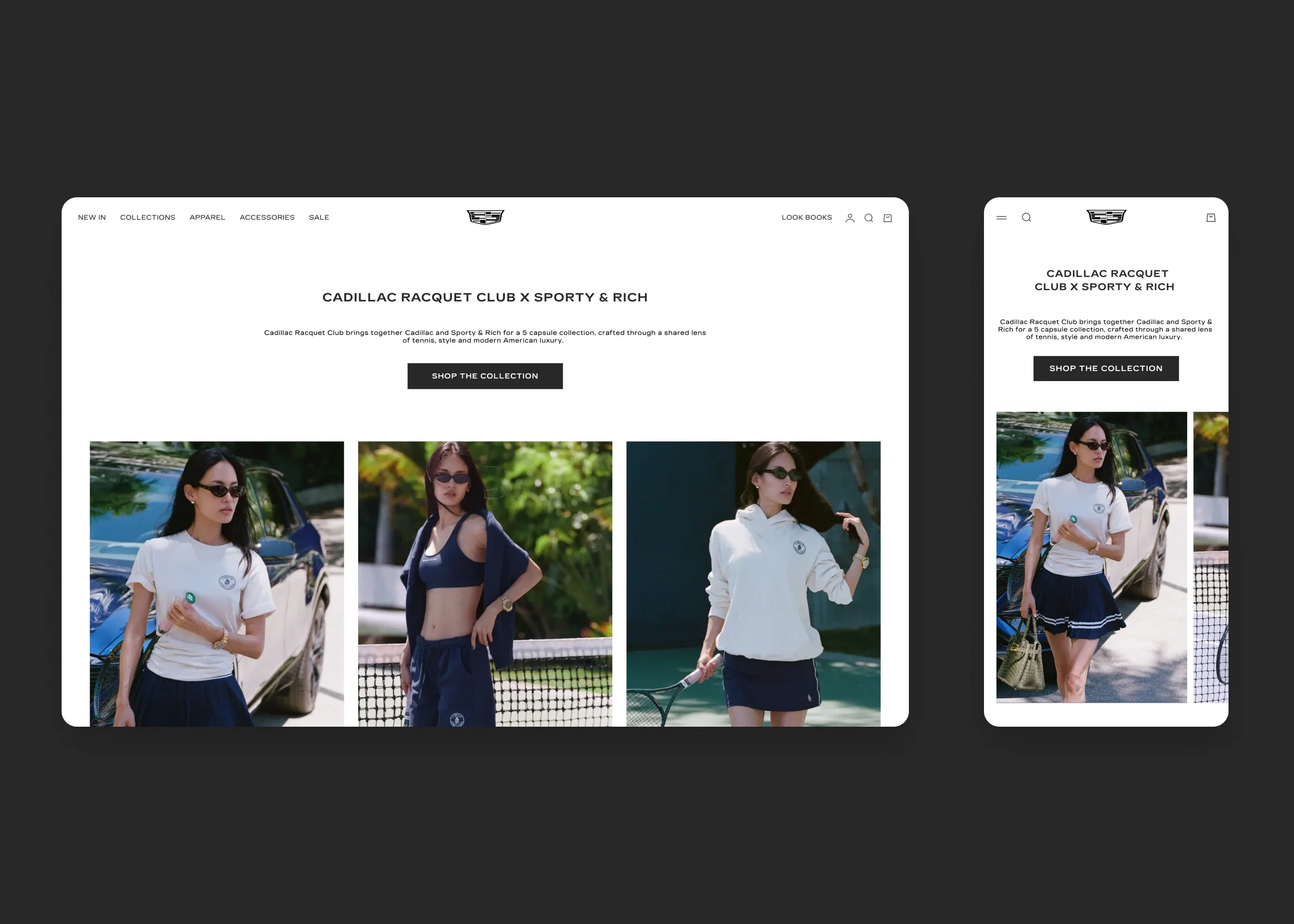 Cadillac Merchandise — desktop Look Book: Cadillac Racquet Club x Sporty & Rich; mobile Look Book: Cadillac Racquet Club x Sporty & Rich