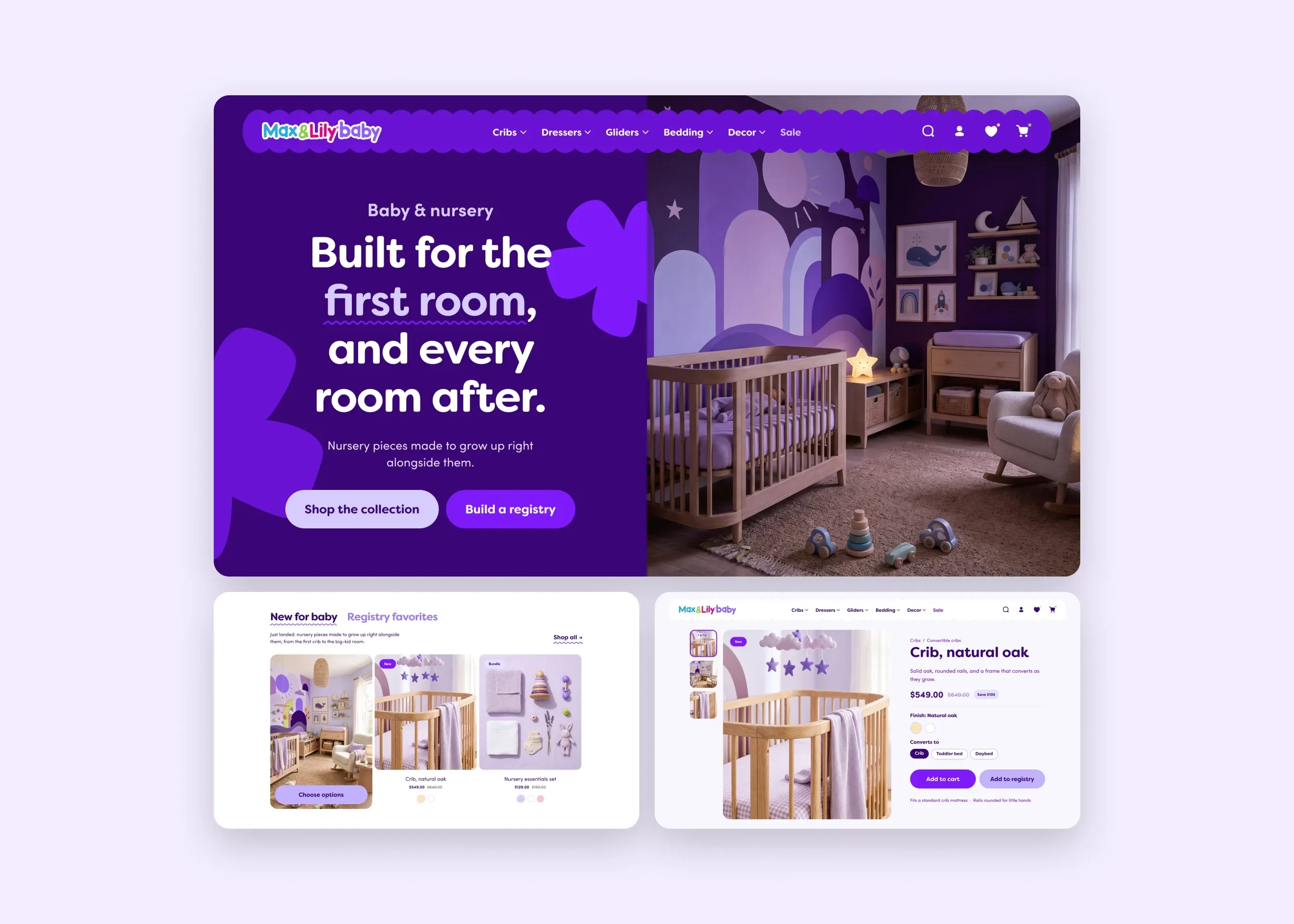 Max & Lily — desktop Max&Lily baby hero (night); desktop new for baby / registry carousel; desktop Max&Lily baby PDP buy box
