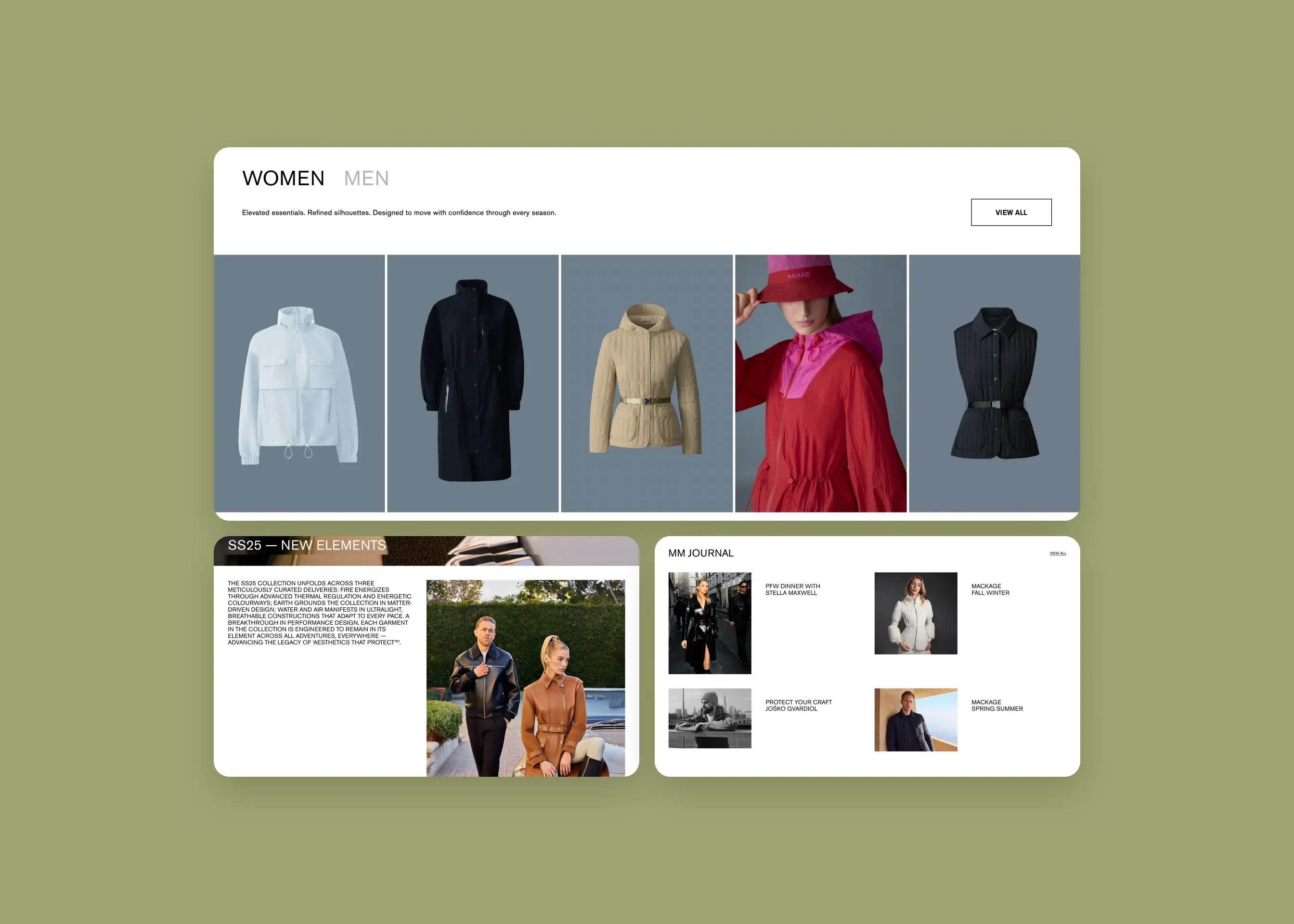 Mackage — desktop product grid; desktop SS25 lookbook; desktop journal