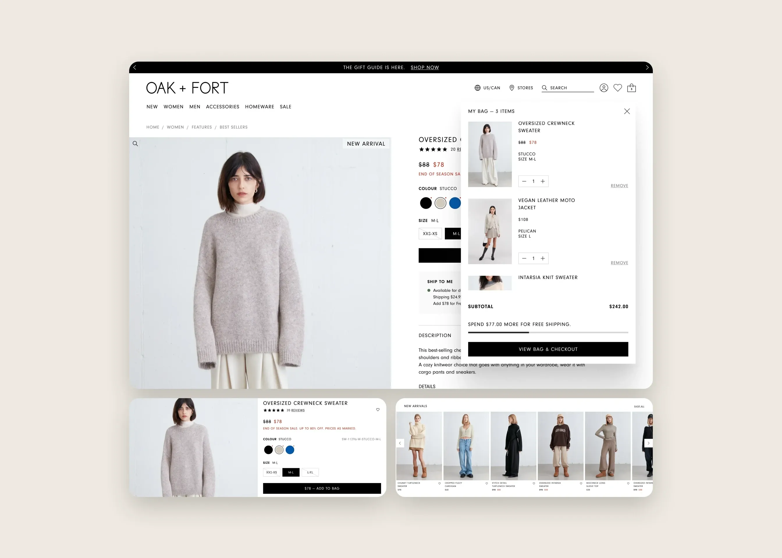 Oak + Fort — desktop my bag overlay; desktop quick view; desktop new arrivals
