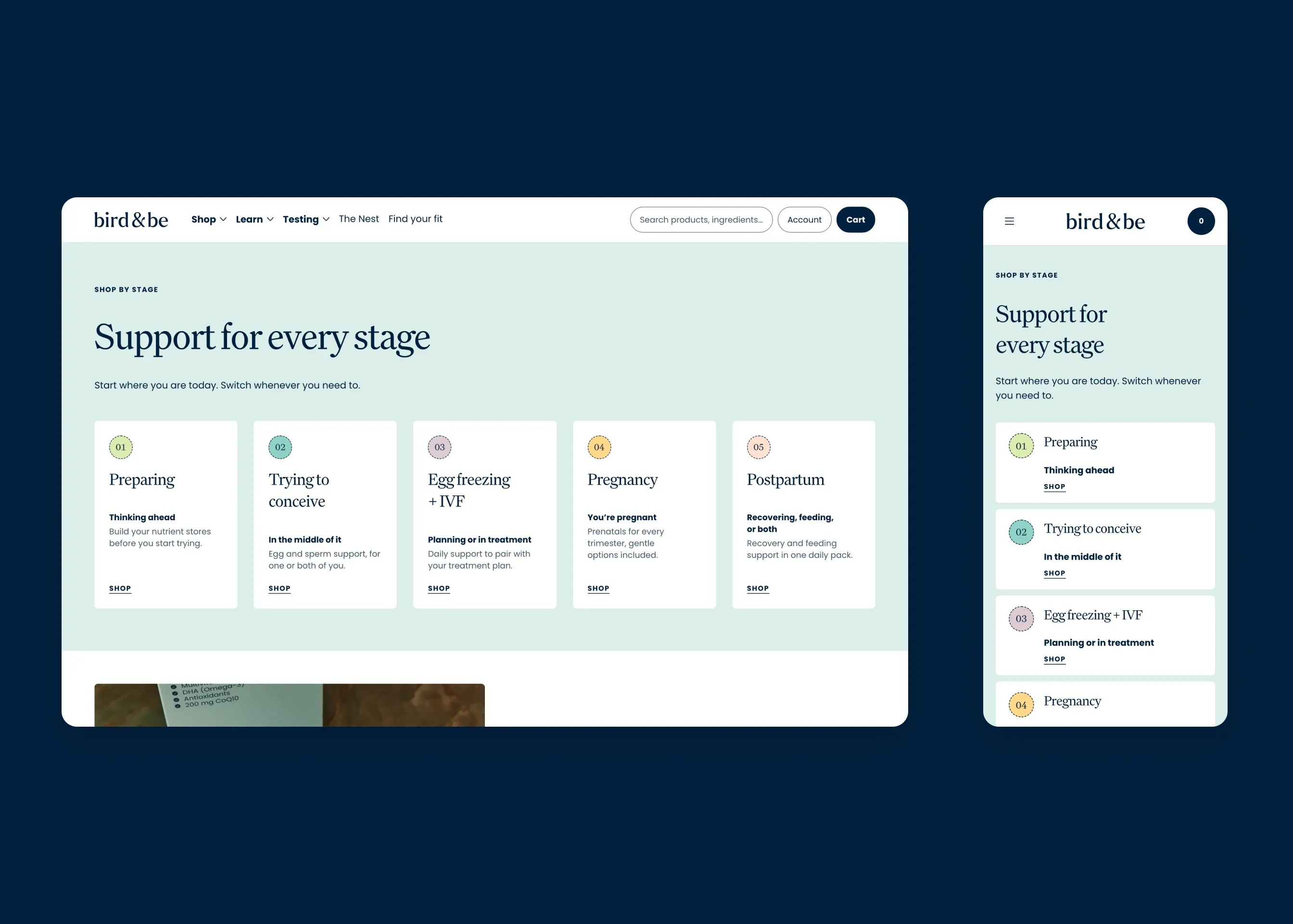 Bird&Be — desktop homepage: support for every stage; mobile homepage: support for every stage