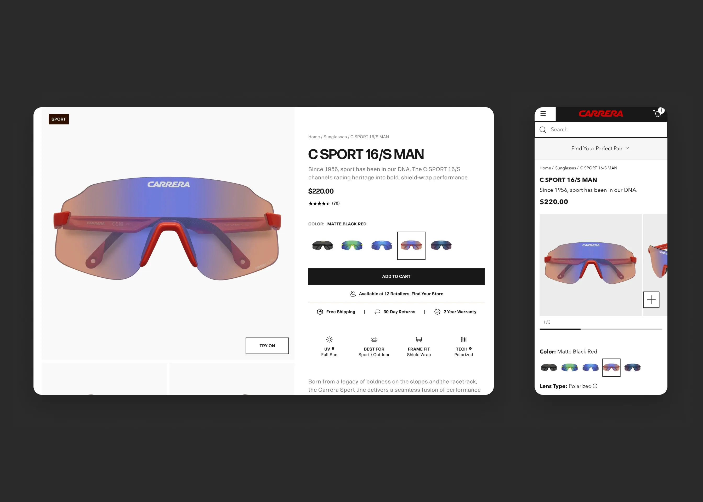 Carrera — desktop product page; mobile PDP C SPORT 16/S
