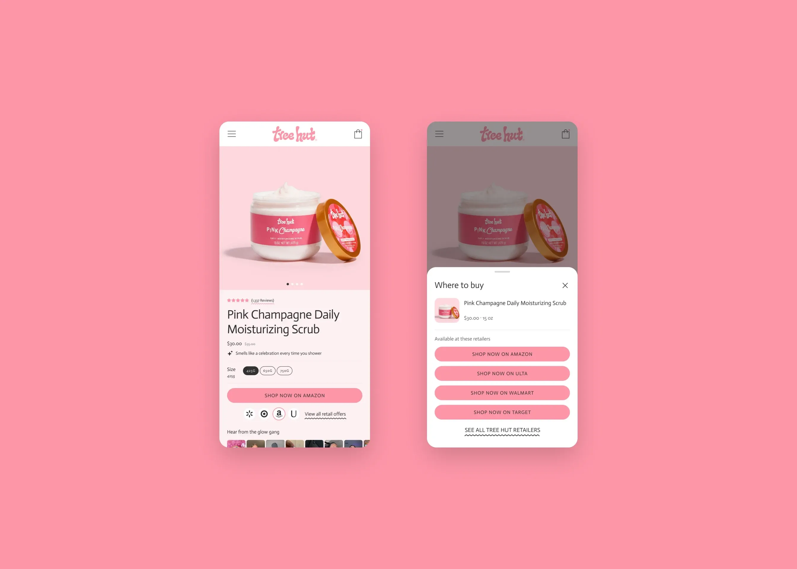 Tree Hut — mobile product page (2026 rebrand); mobile where to buy sheet (2026 rebrand)