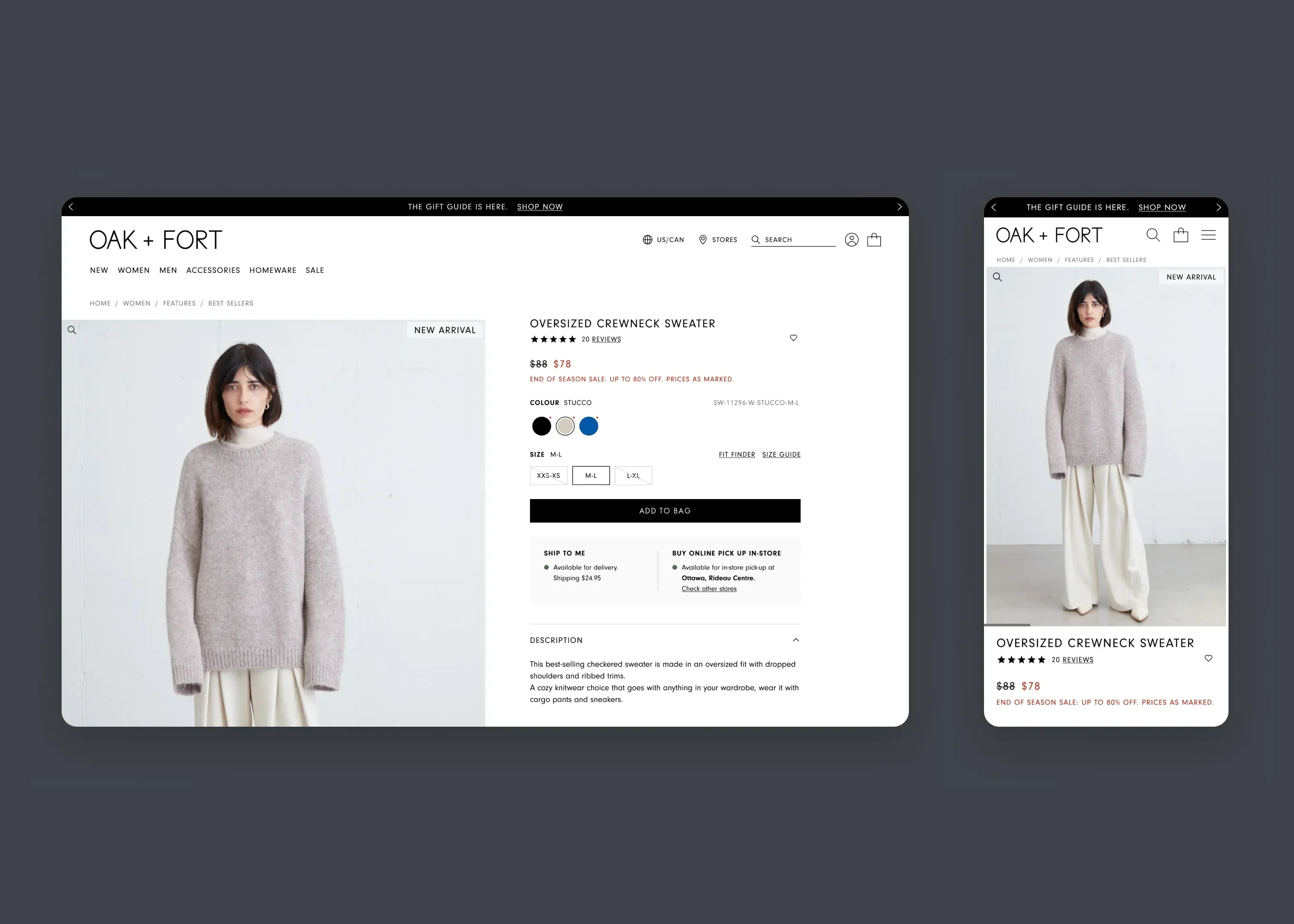 Oak + Fort — desktop oversized crewneck PDP; mobile oversized crewneck PDP
