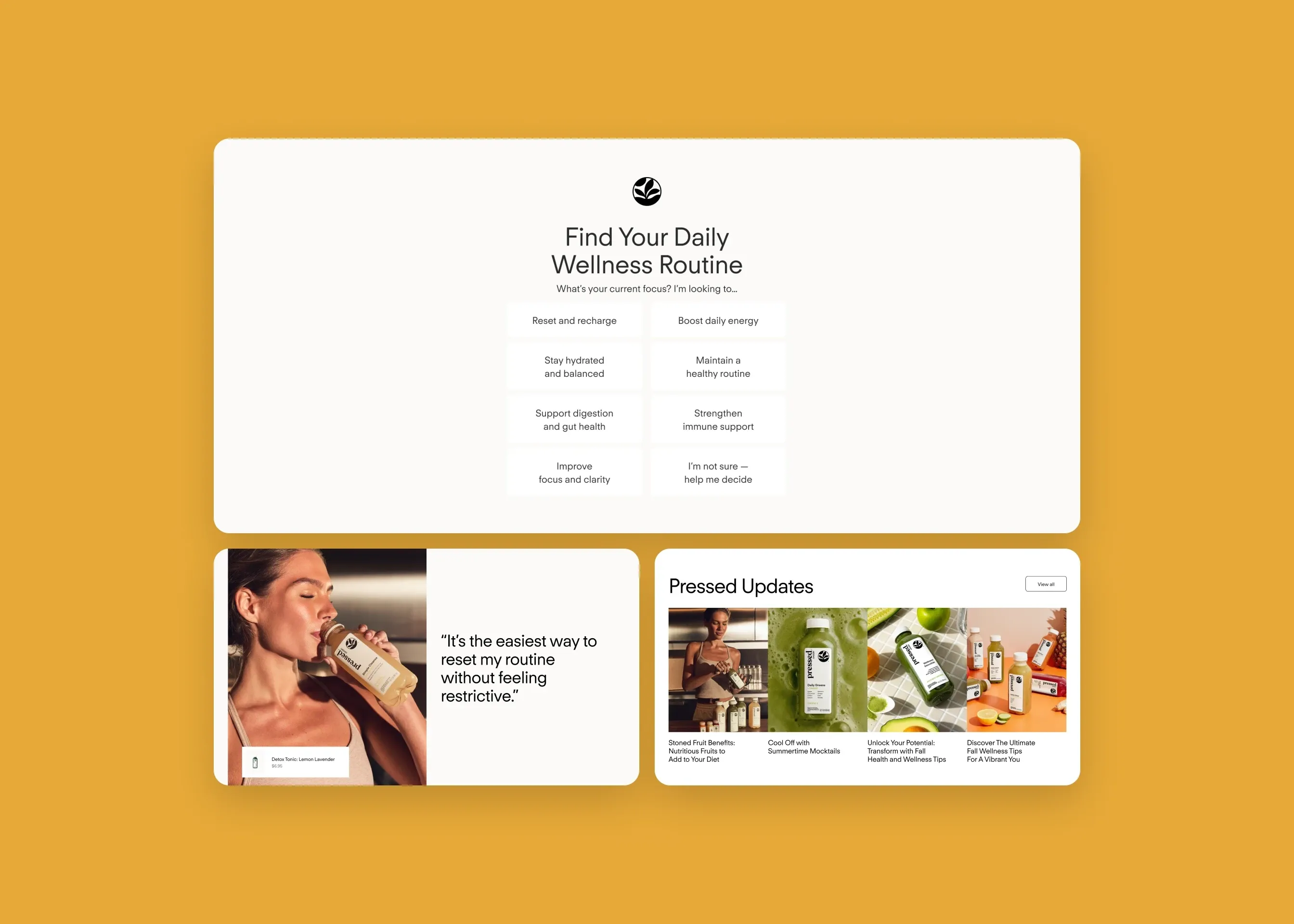 Pressed Juicery — desktop wellness quiz; desktop testimonials; desktop journal