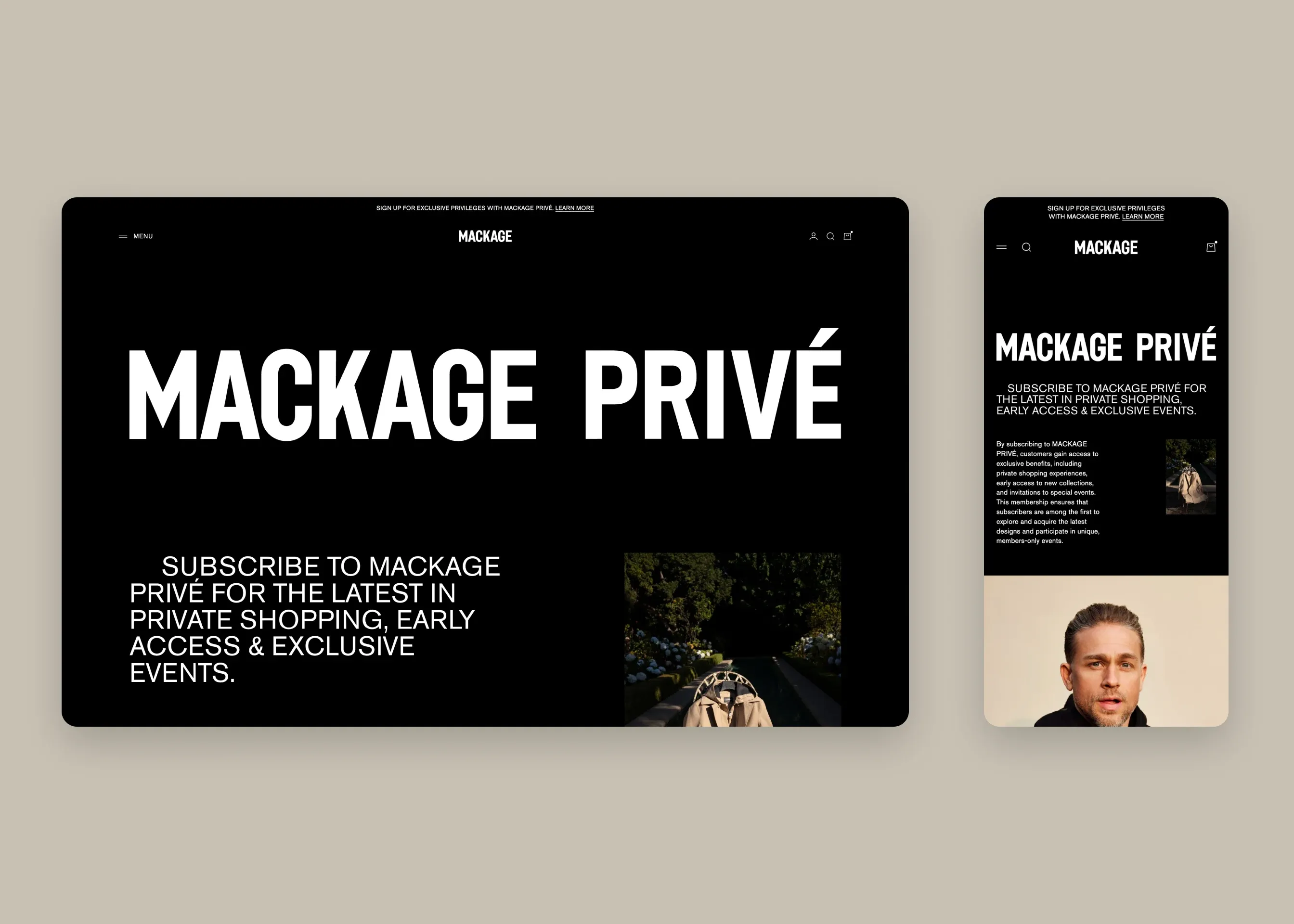 Mackage — desktop Mackage Privé sign-up; mobile Mackage Privé sign-up