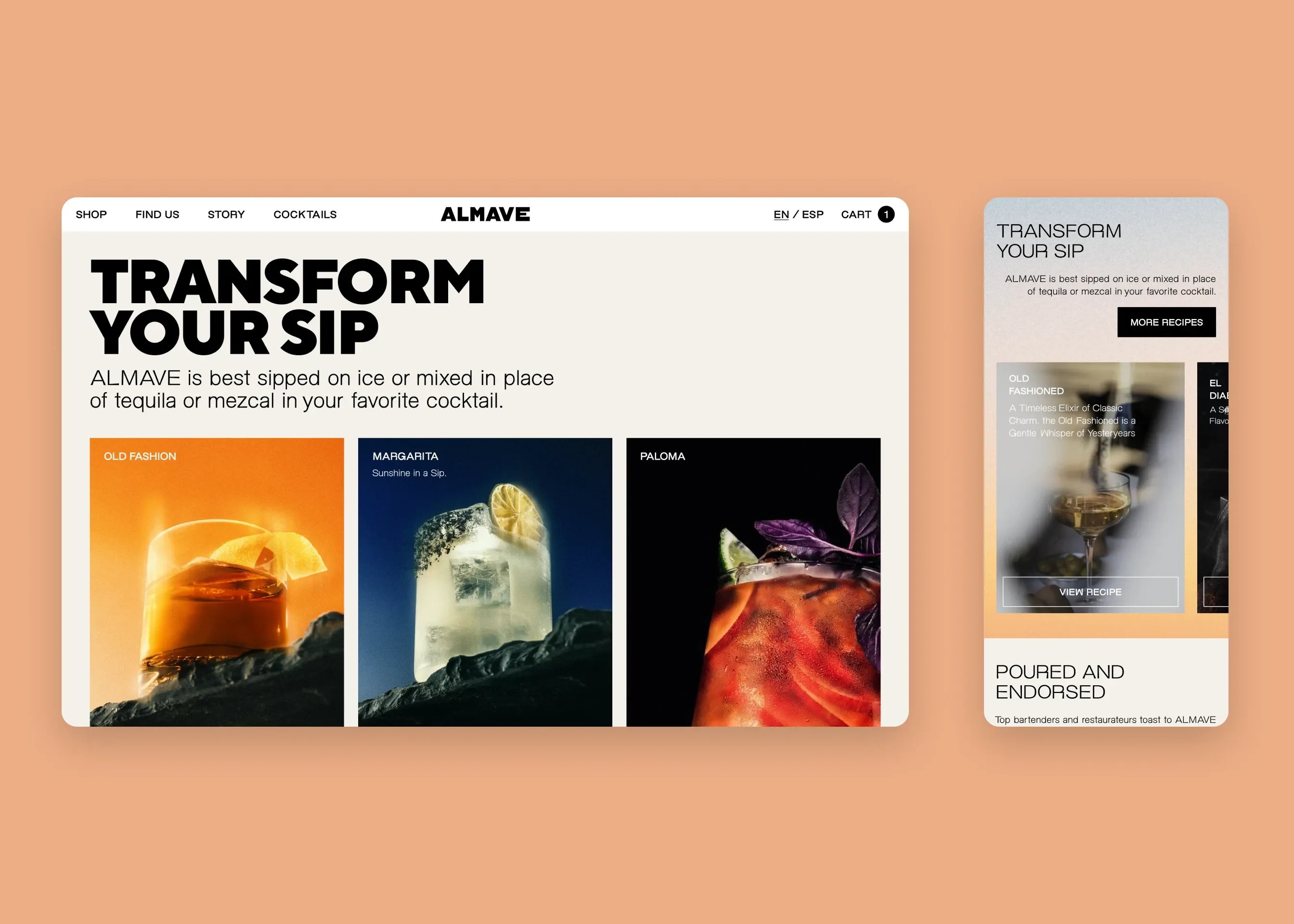 Almave — desktop recipes: Transform Your Sip; mobile recipes: Transform Your Sip