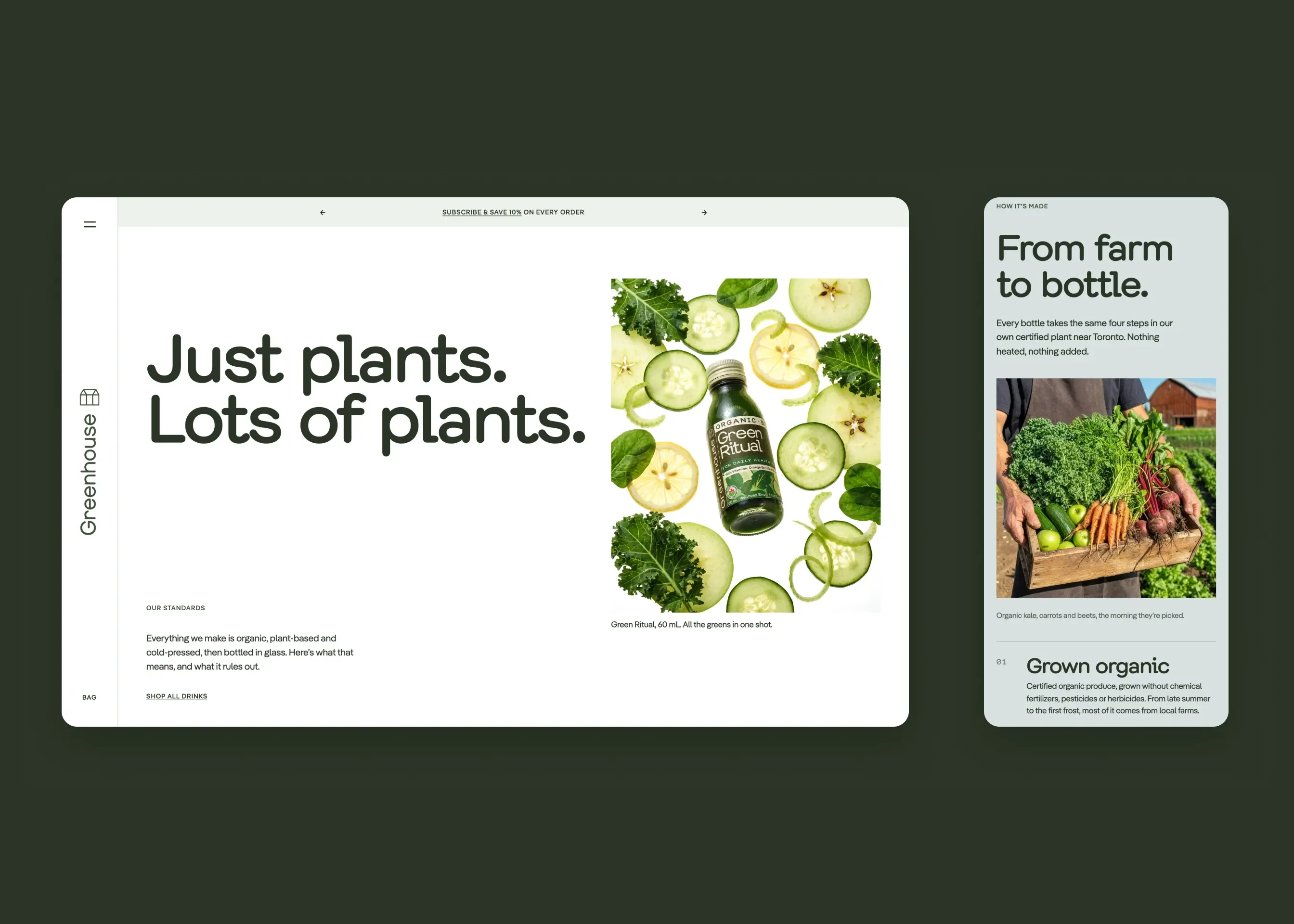 Greenhouse — desktop our standards; mobile from farm to bottle
