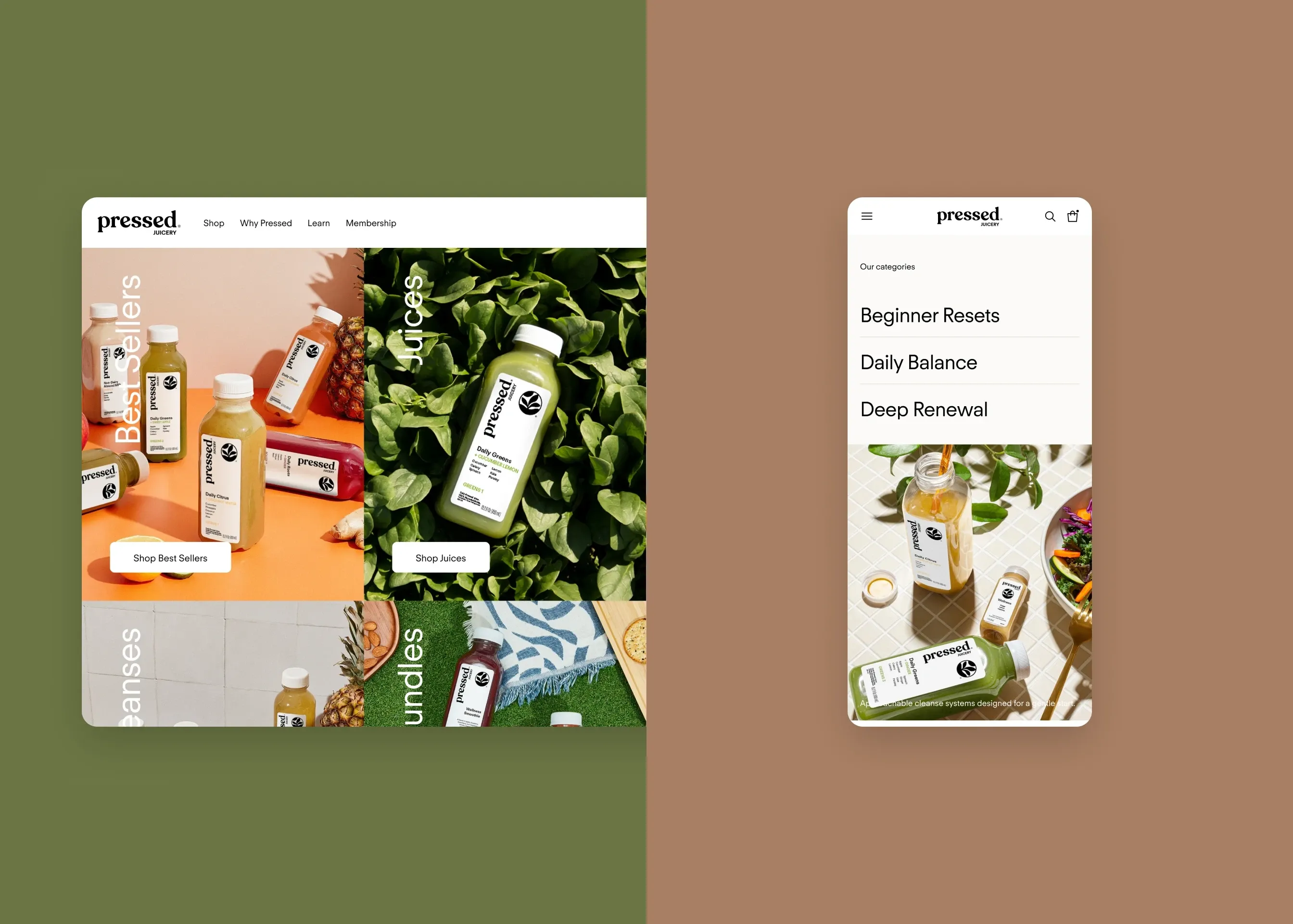 Pressed Juicery — desktop header + shop by category; mobile our categories