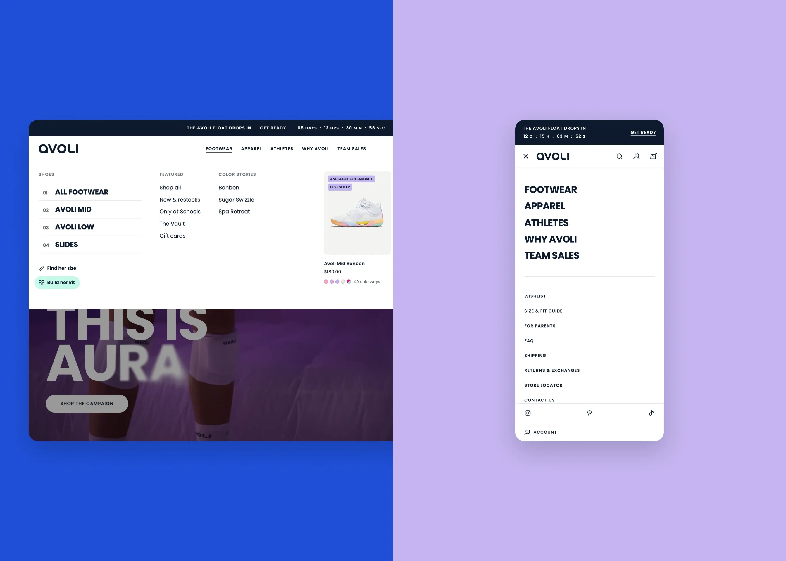 Avoli — desktop footwear mega menu; mobile menu