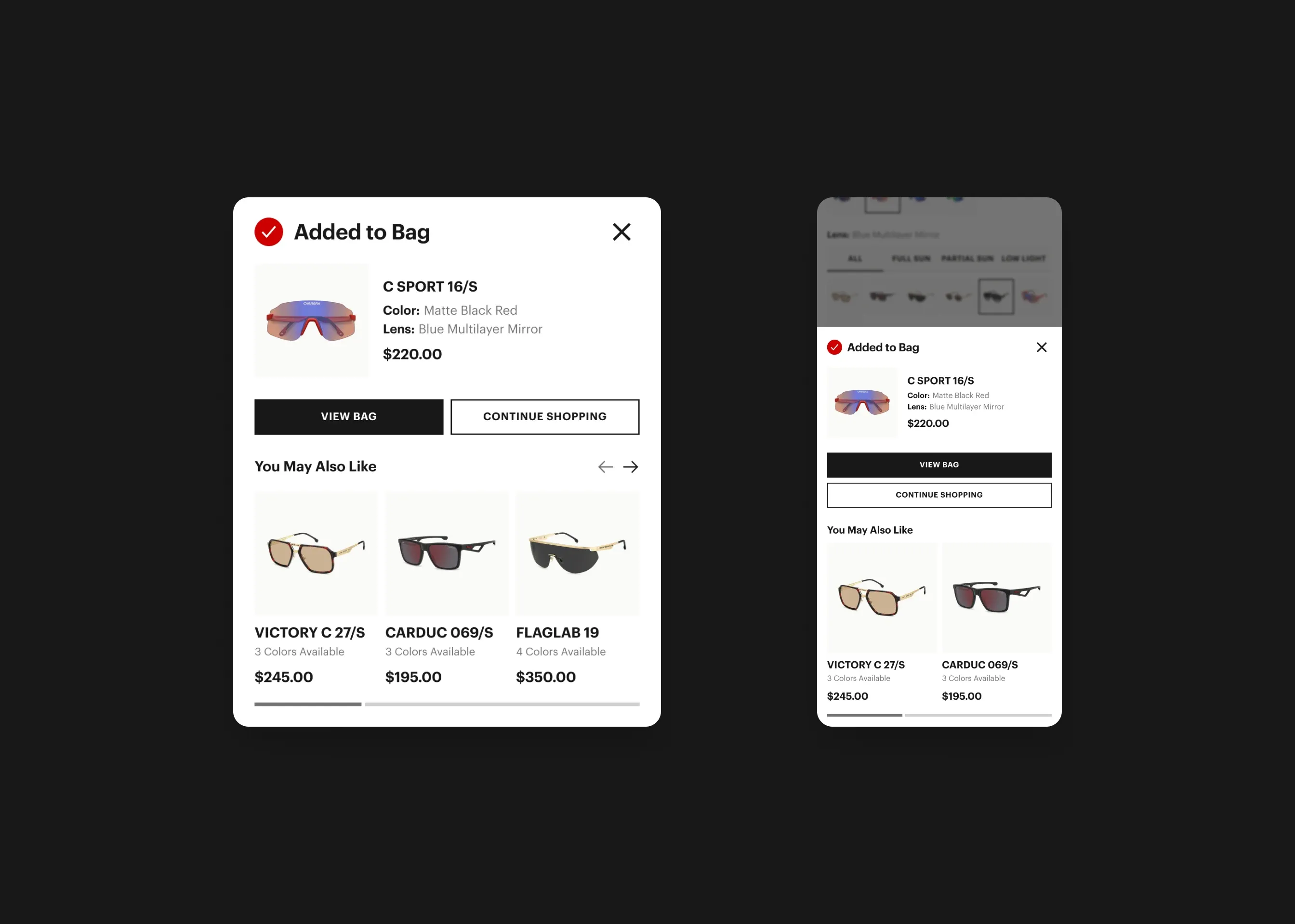 Carrera — desktop added to bag modal; mobile added to bag