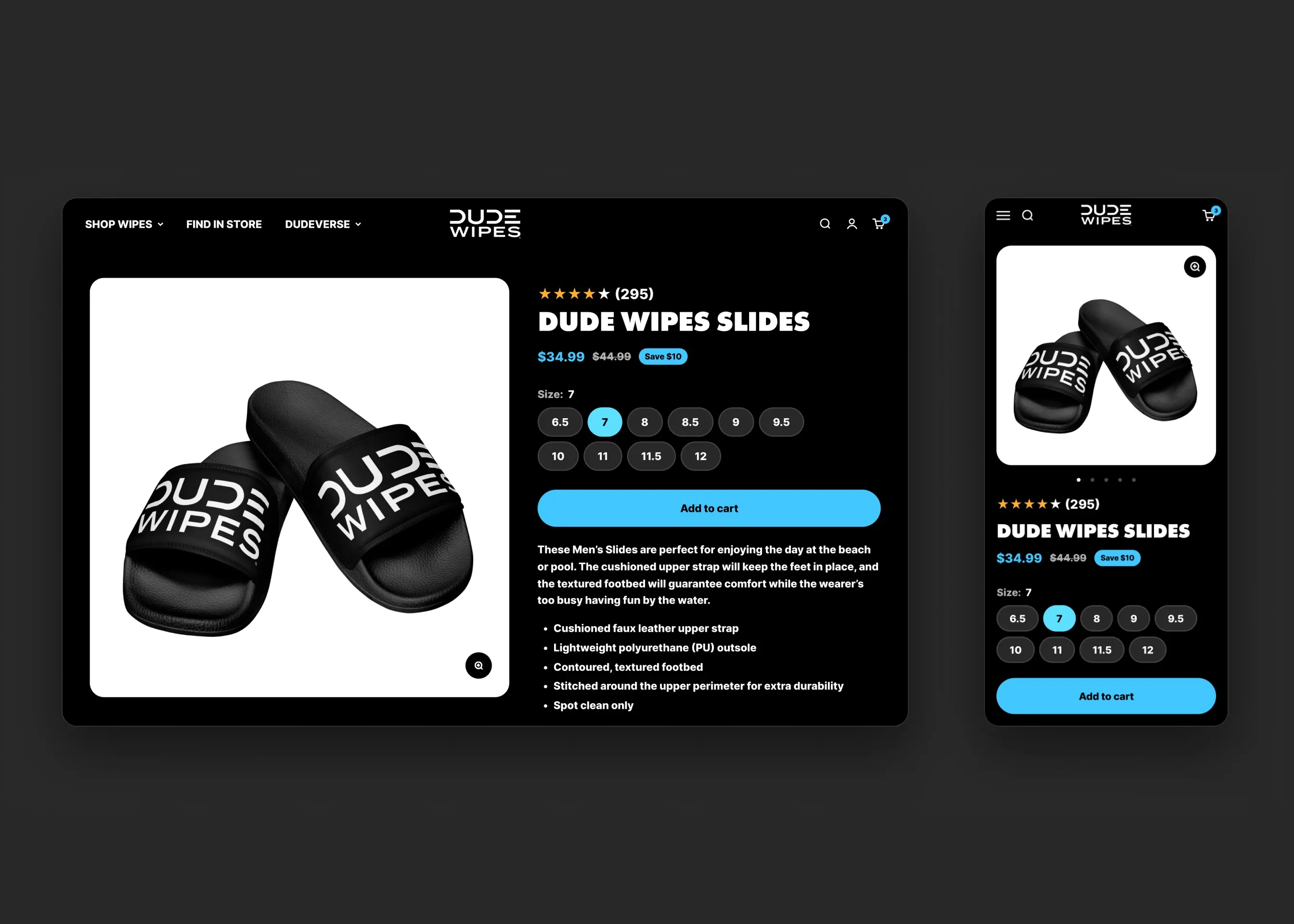 DUDE Wipes — mobile merch PDP (slides); desktop merch PDP (slides)