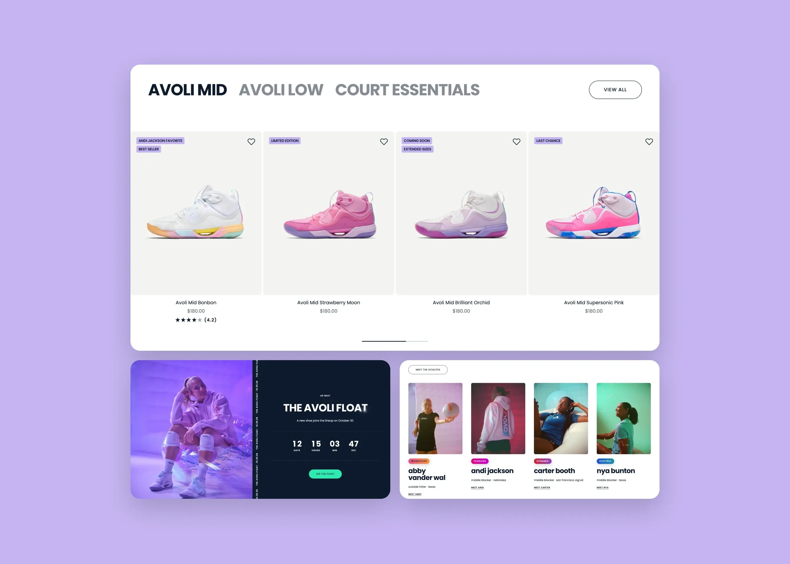 Avoli — desktop product rail; desktop the Float; desktop athletes