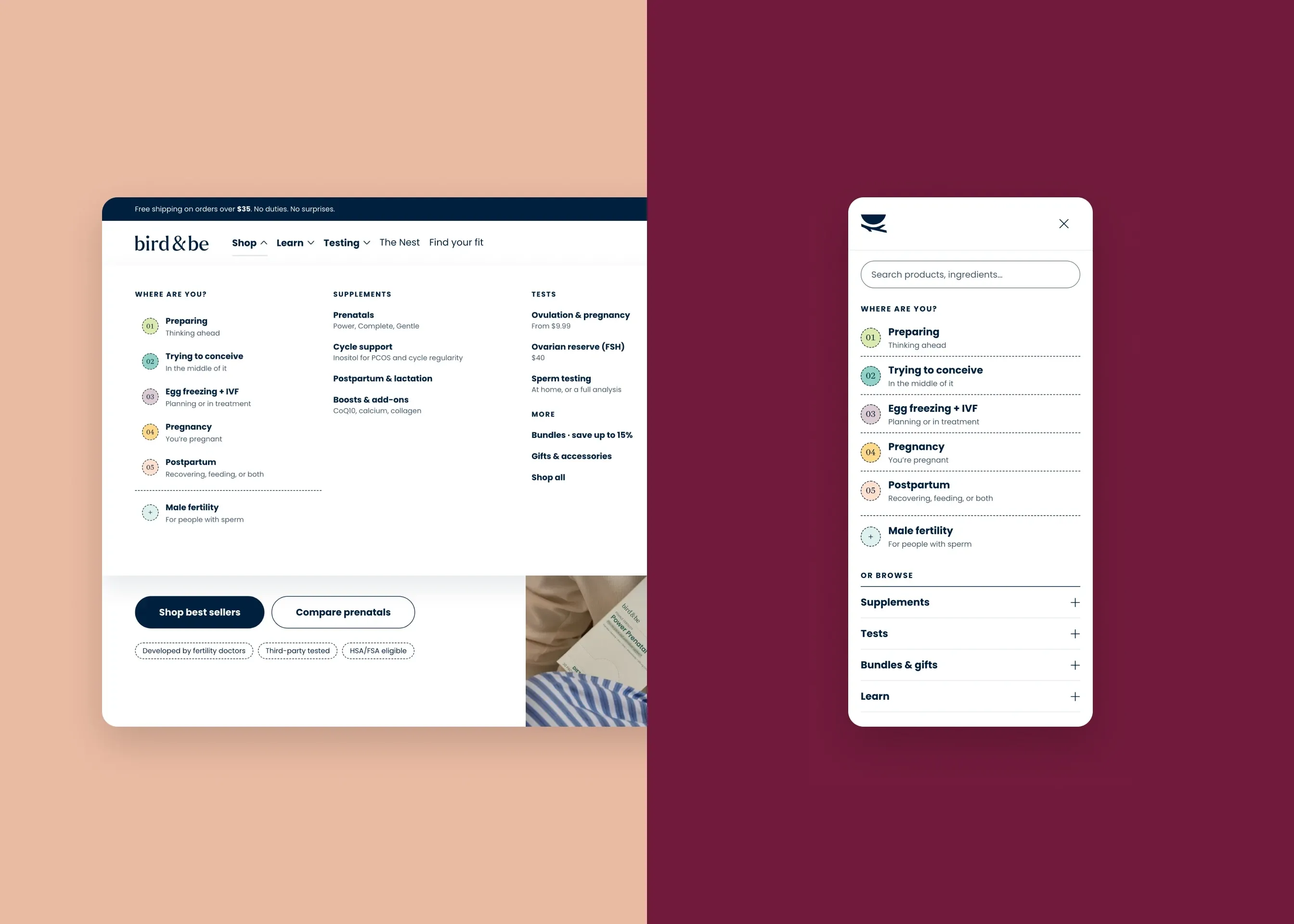 Bird&Be — desktop Shop mega menu (Where are you?); mobile menu drawer