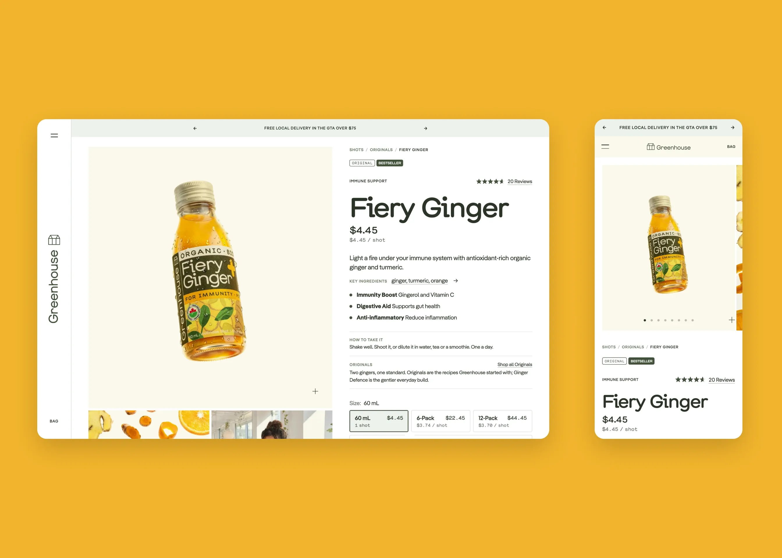 Greenhouse — desktop product page; mobile product page