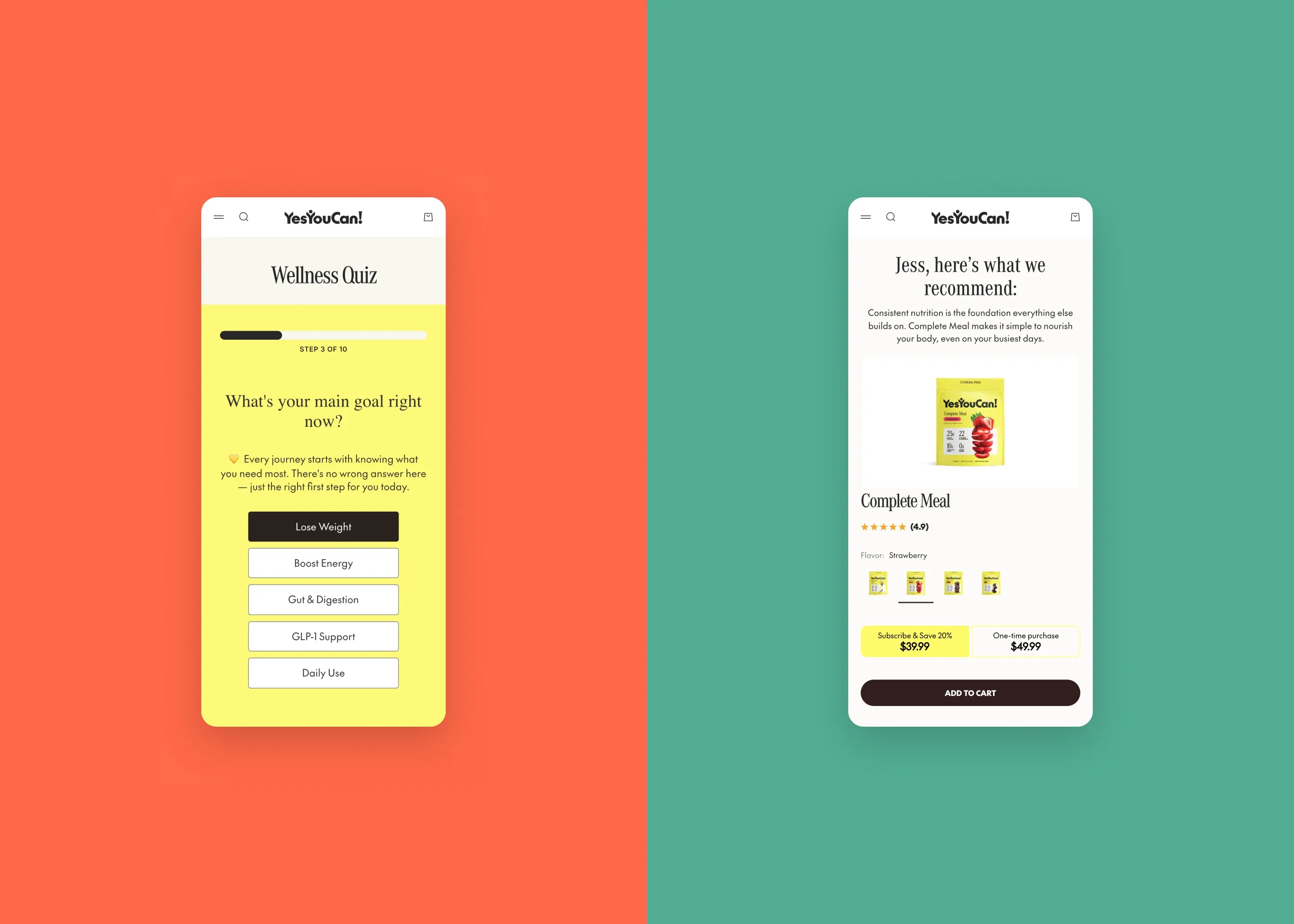 Yes You Can — mobile wellness quiz (goal selected); mobile quiz result (branded buy box)