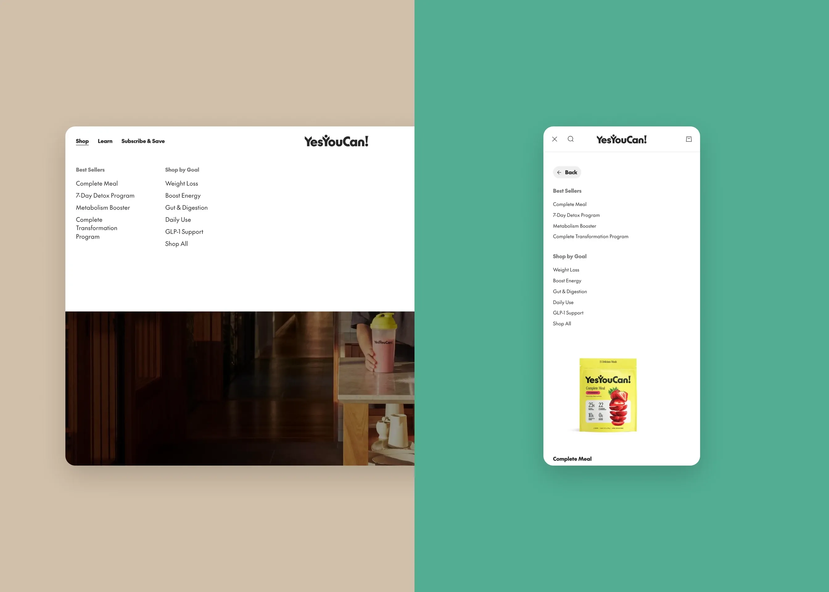 Yes You Can — desktop shop mega menu; mobile shop by goal menu
