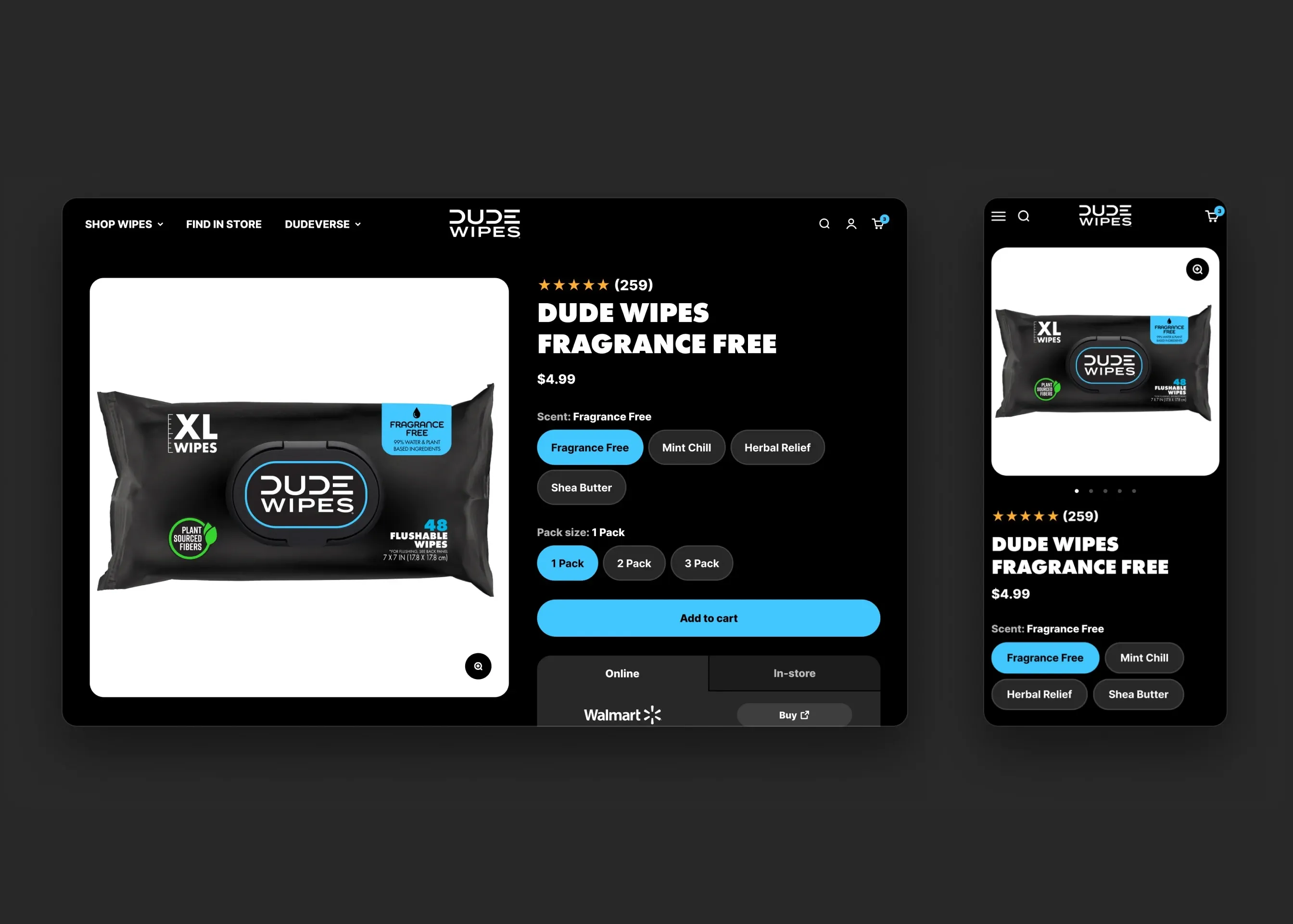 DUDE Wipes — desktop Fragrance Free PDP; mobile Fragrance Free PDP