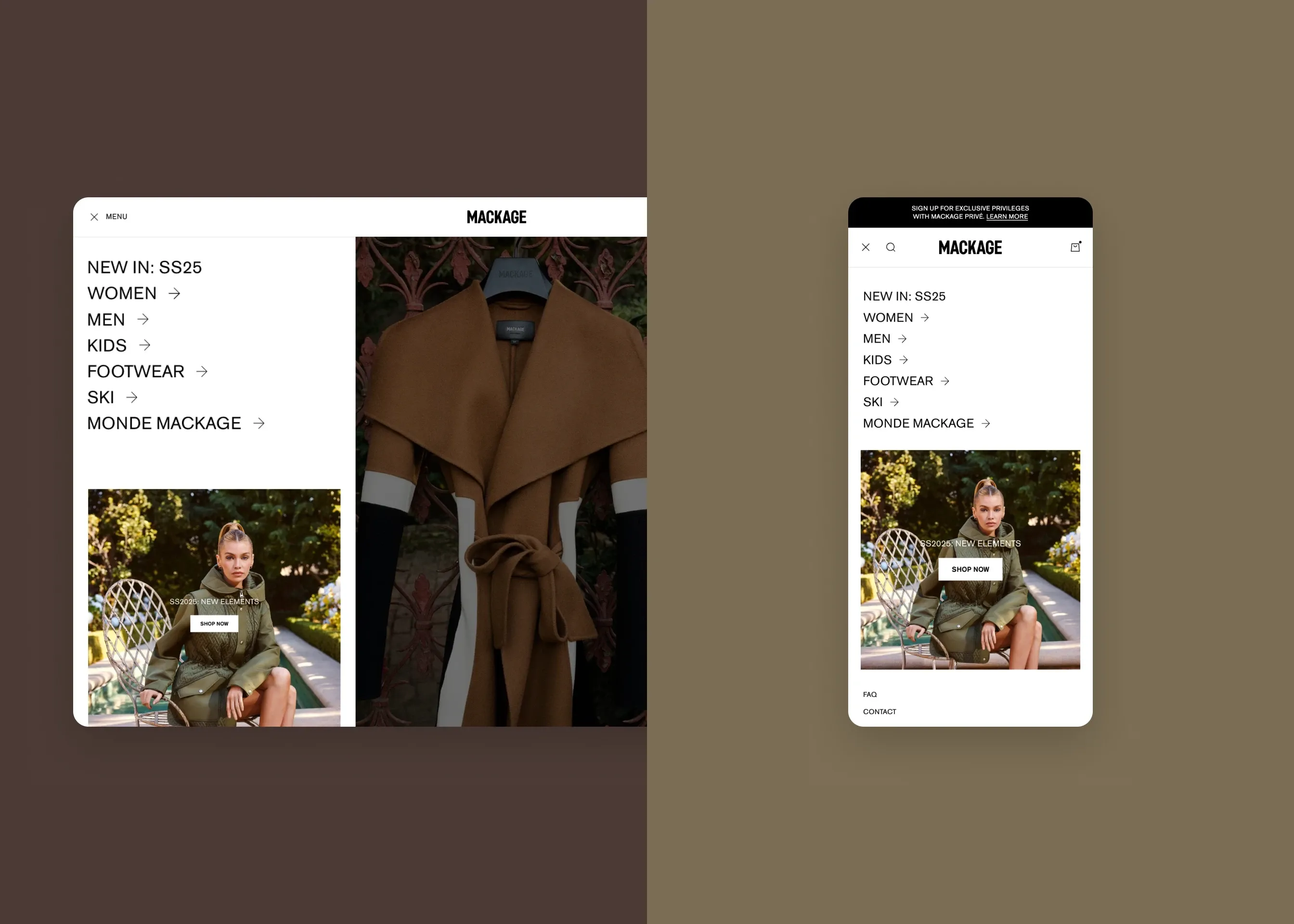Mackage — desktop main menu over the NEW ELEMENTS homepage; mobile main menu