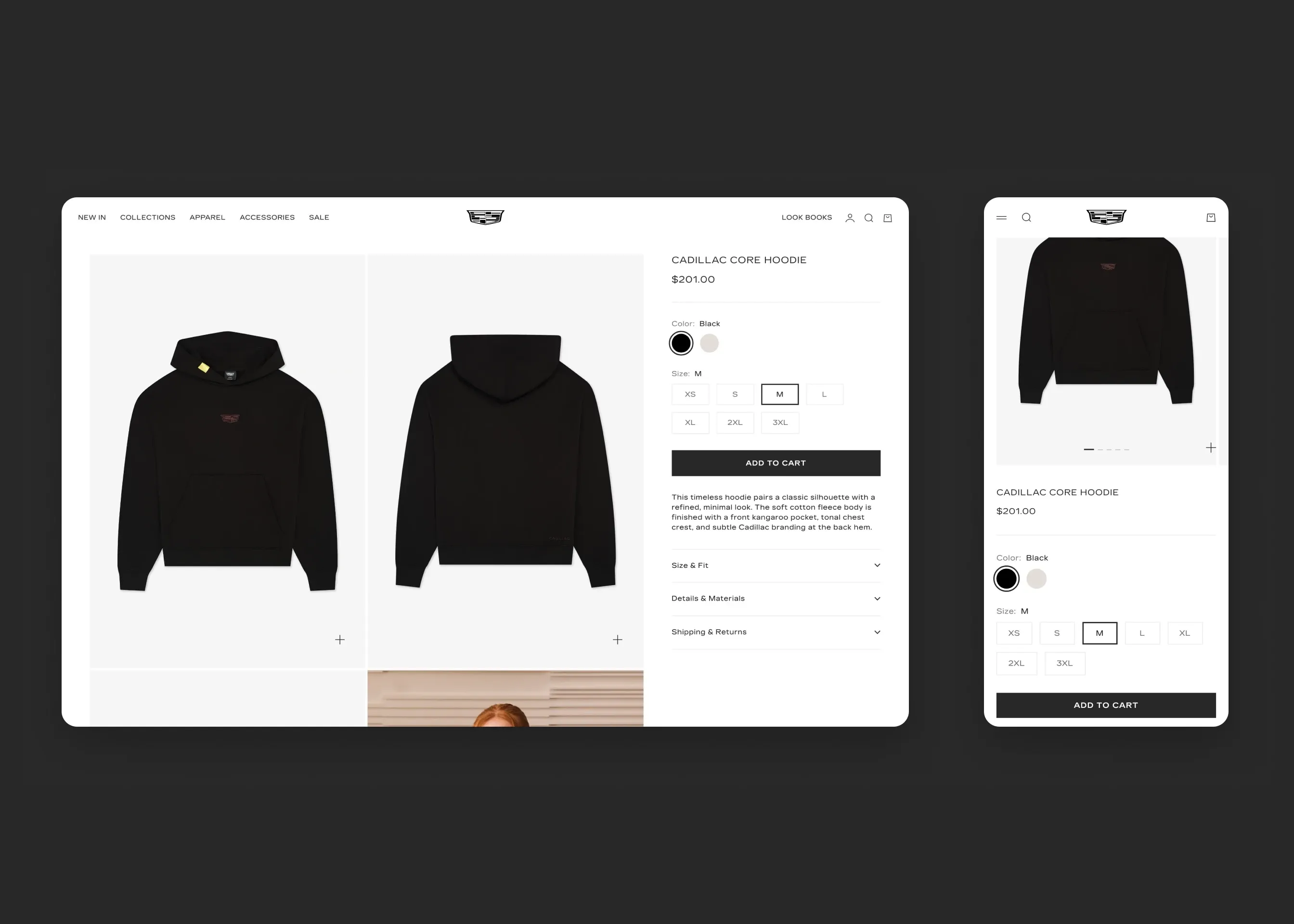 Cadillac Merchandise — desktop product page (size M selected); mobile product page (size selected)