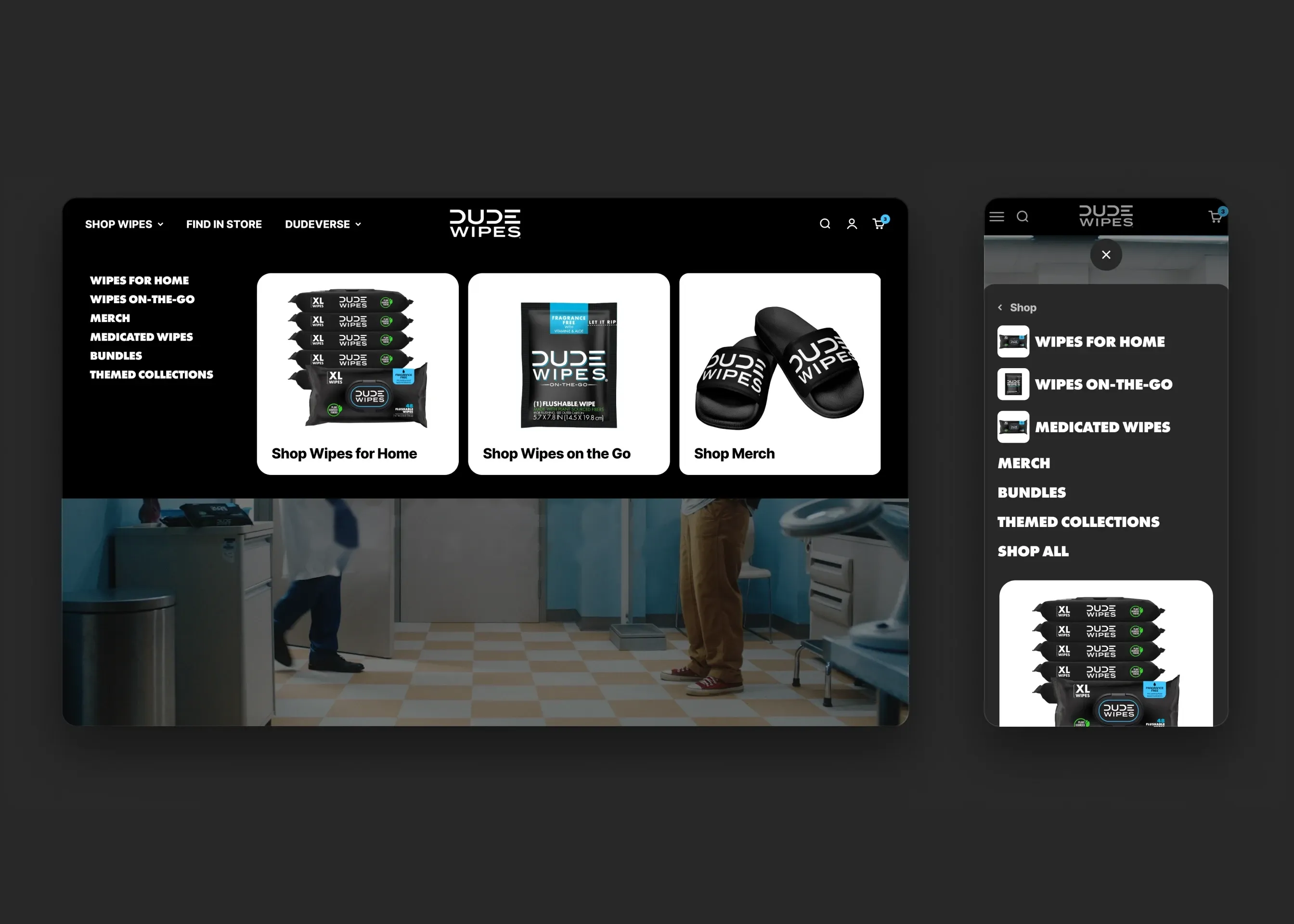 DUDE Wipes — desktop shop wipes mega menu; mobile shop menu