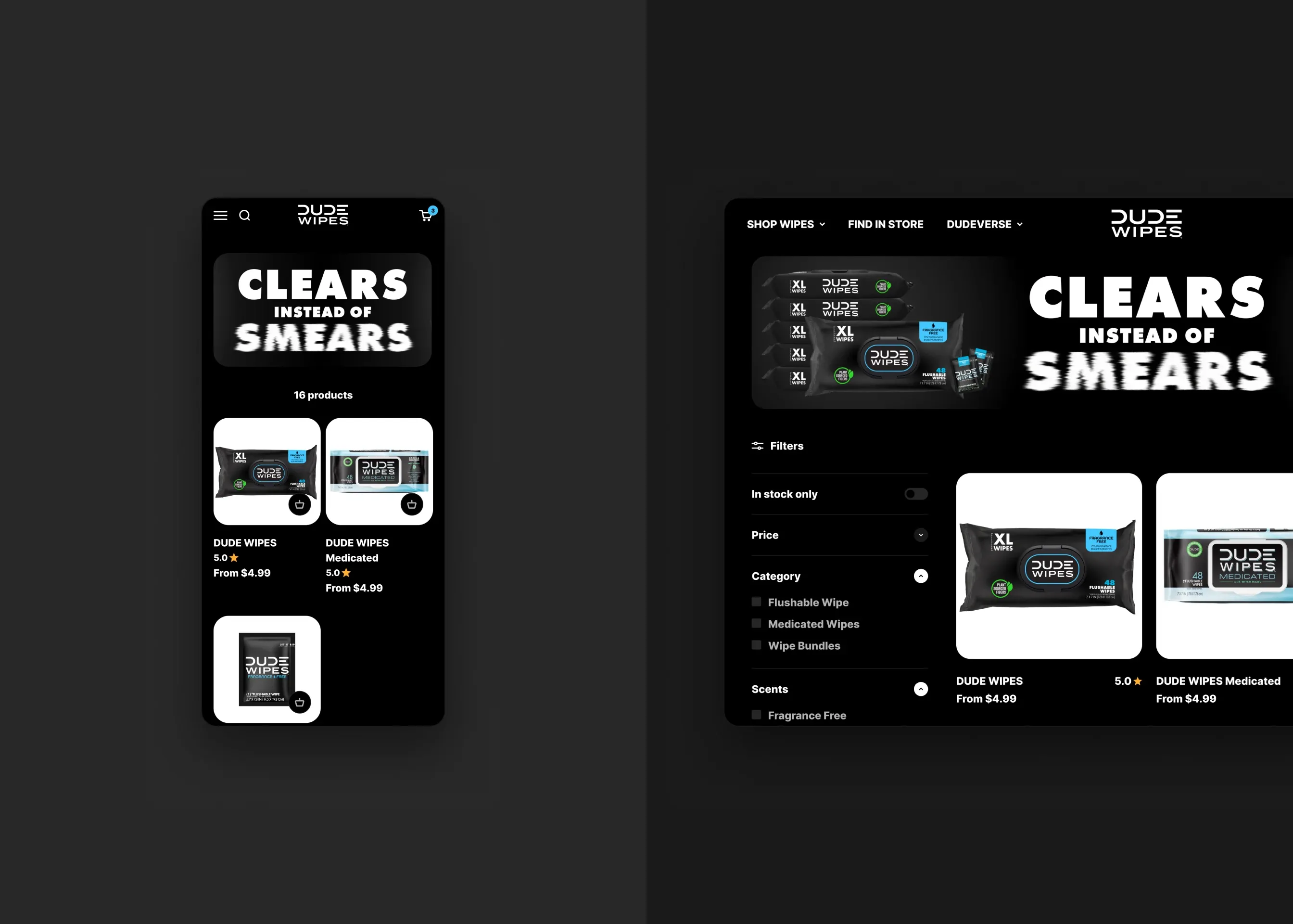 DUDE Wipes — mobile collection; desktop collection with filters