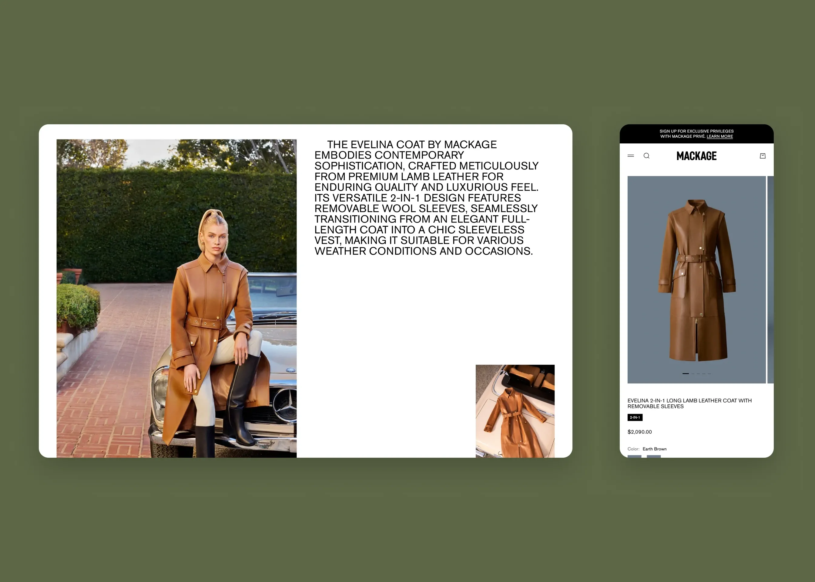 Mackage — desktop editorial PDP (Evelina); mobile editorial PDP (Evelina)