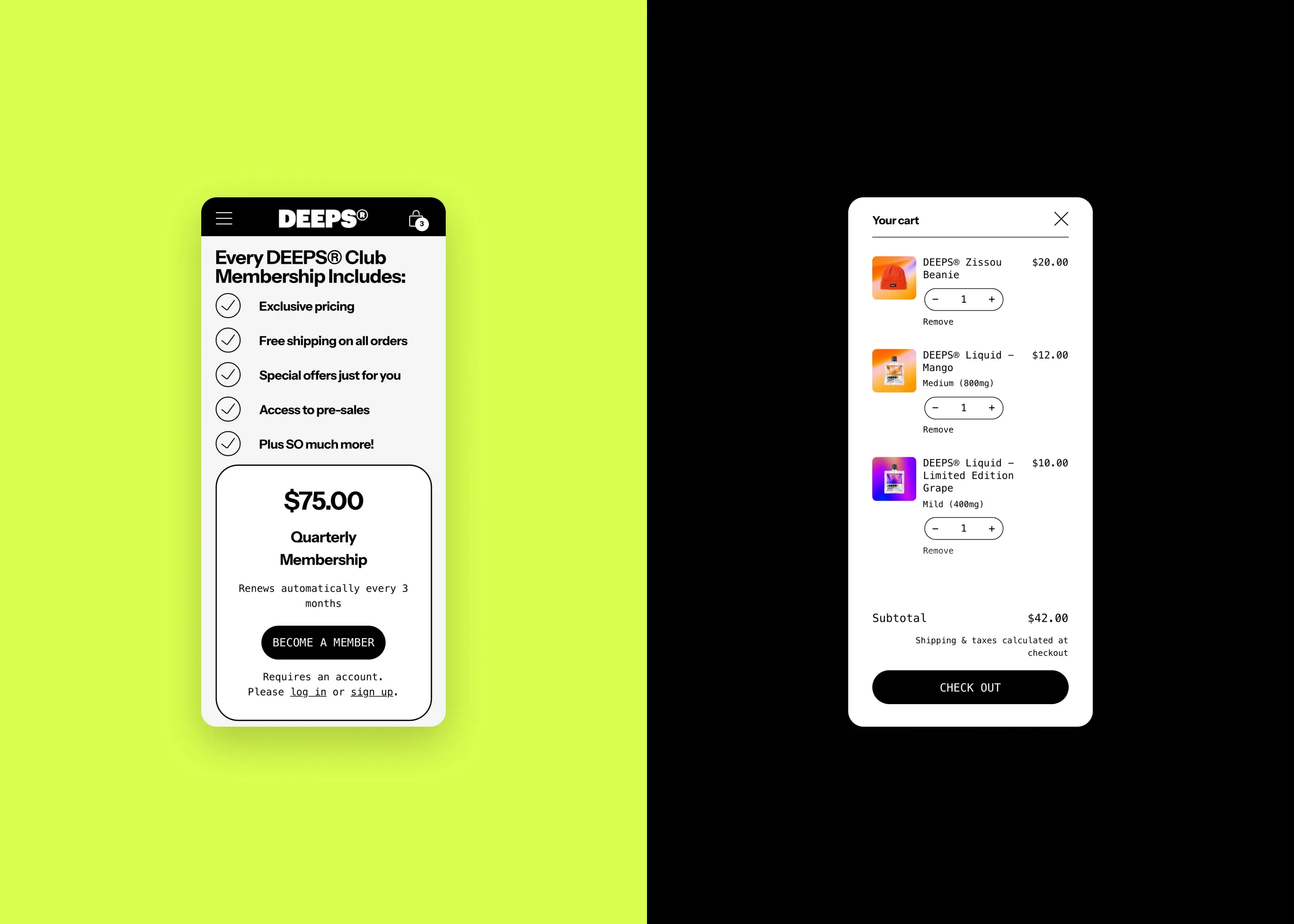 DEEPS — mobile Join the DEEPS® Club (membership); mobile cart drawer